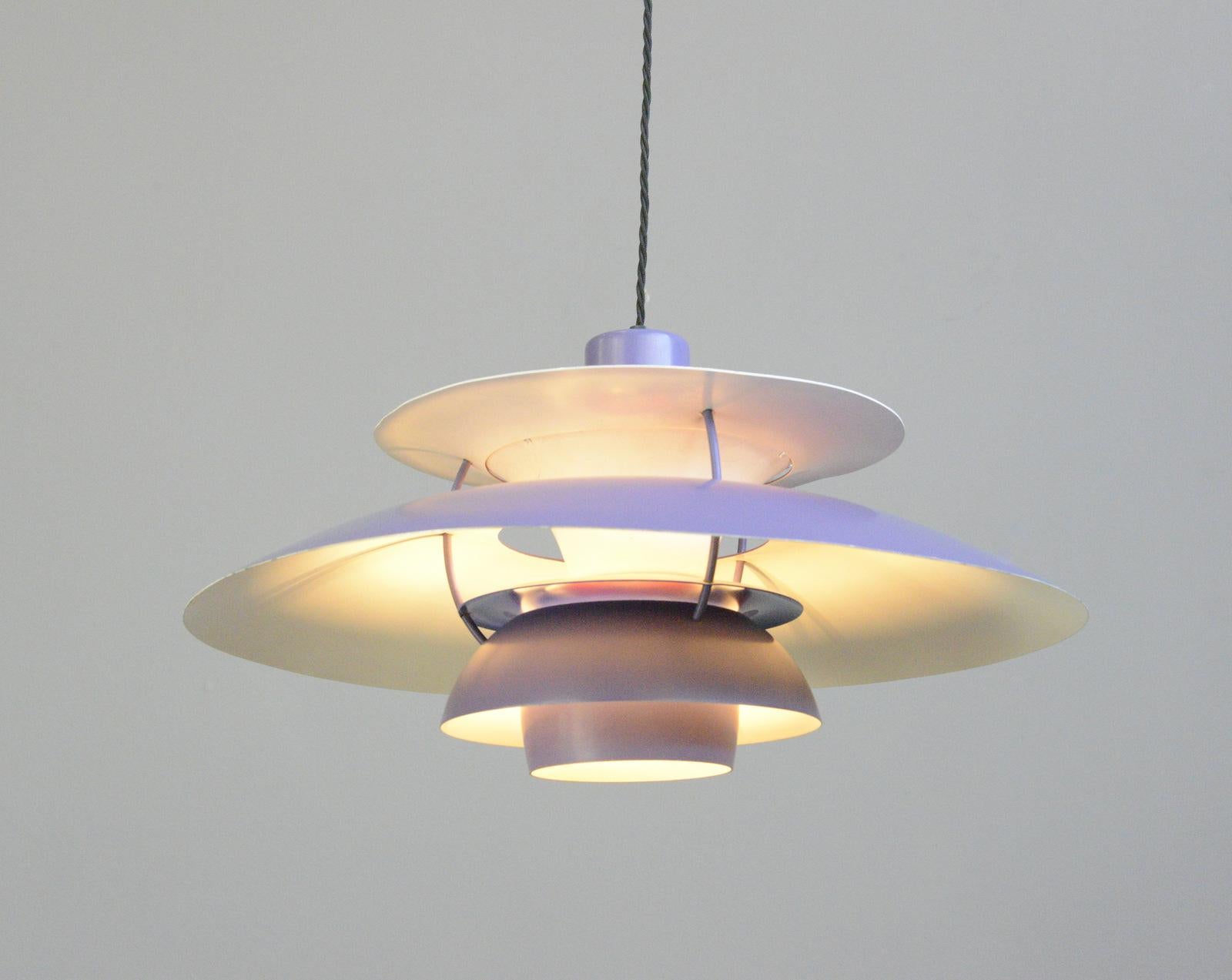 Purple Model PH5 pendant lights by Louis Poulson Circa 1960s

- Comes with 150cm of cable
- Takes E27 fitting bulbs
- Purple with red details
- Made from aluminium
- Designed by Poul Henningsen
- Made by Louis Poulson
- Model PH5
- Danish ~