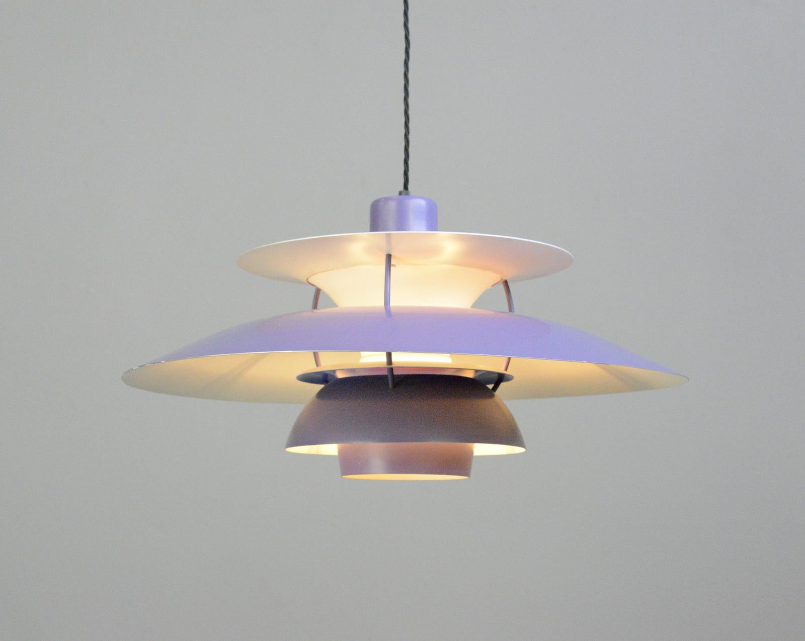 Purple model PH5 pendant lights by Louis Poulson Circa 1960s

- Comes with 150cm of cable
- Takes E27 fitting bulbs
- Purple with red details
- Made from aluminium
- Designed by Poul Henningsen
- Made by Louis Poulson
- Model PH5
- Danish ~
