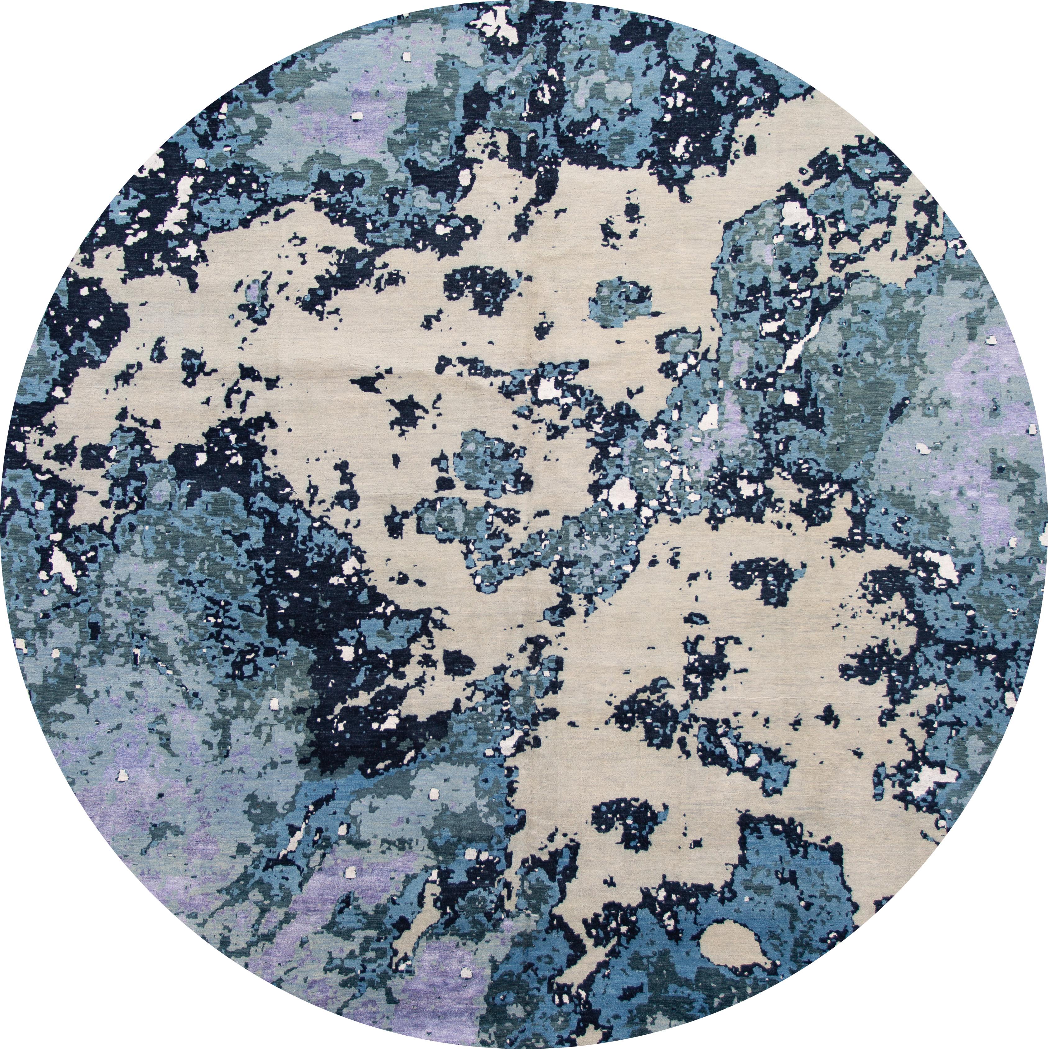 Laine Tapis moderne abstrait violet en laine et soie en vente