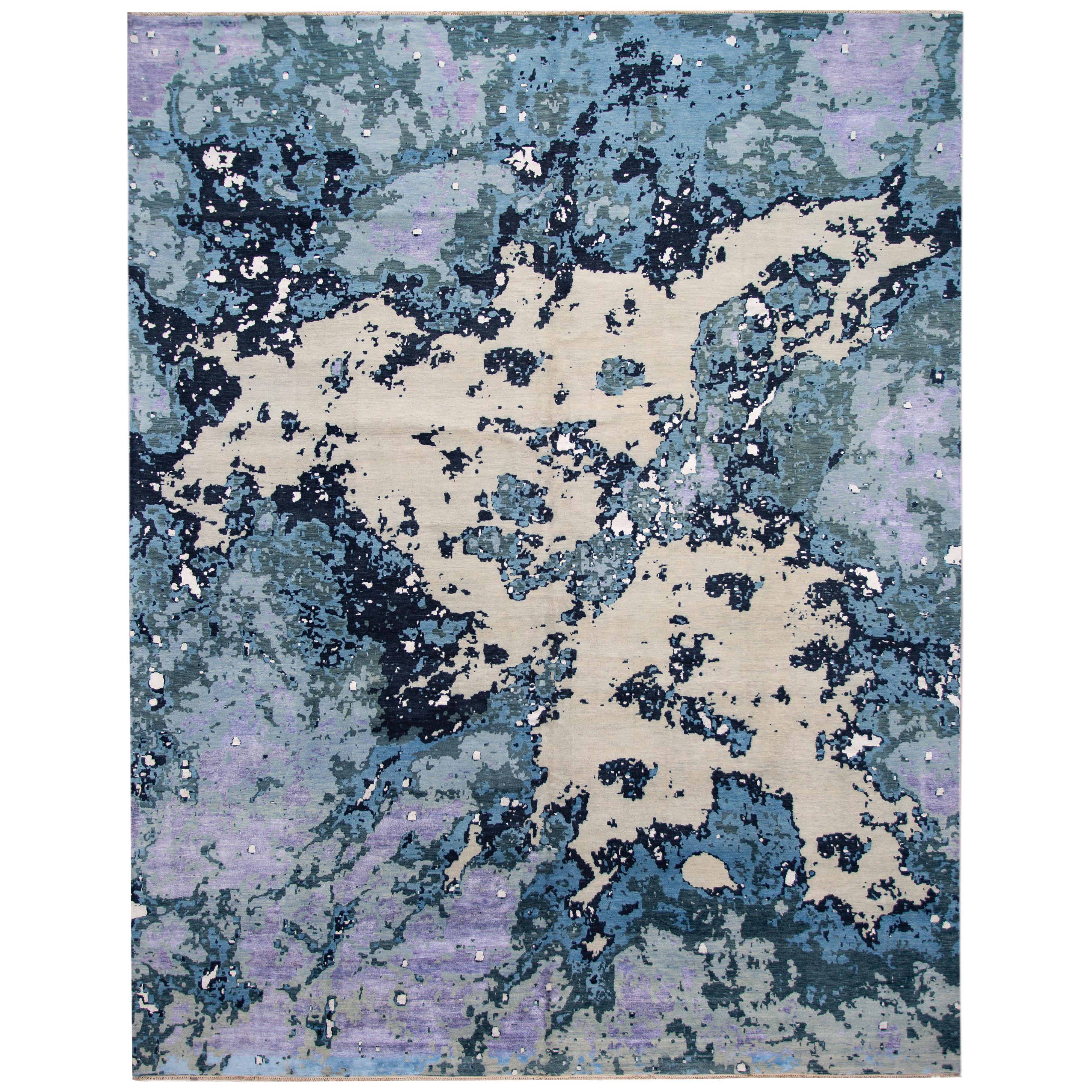 Moderner abstrakter Teppich aus Wolle und Seide in Violett