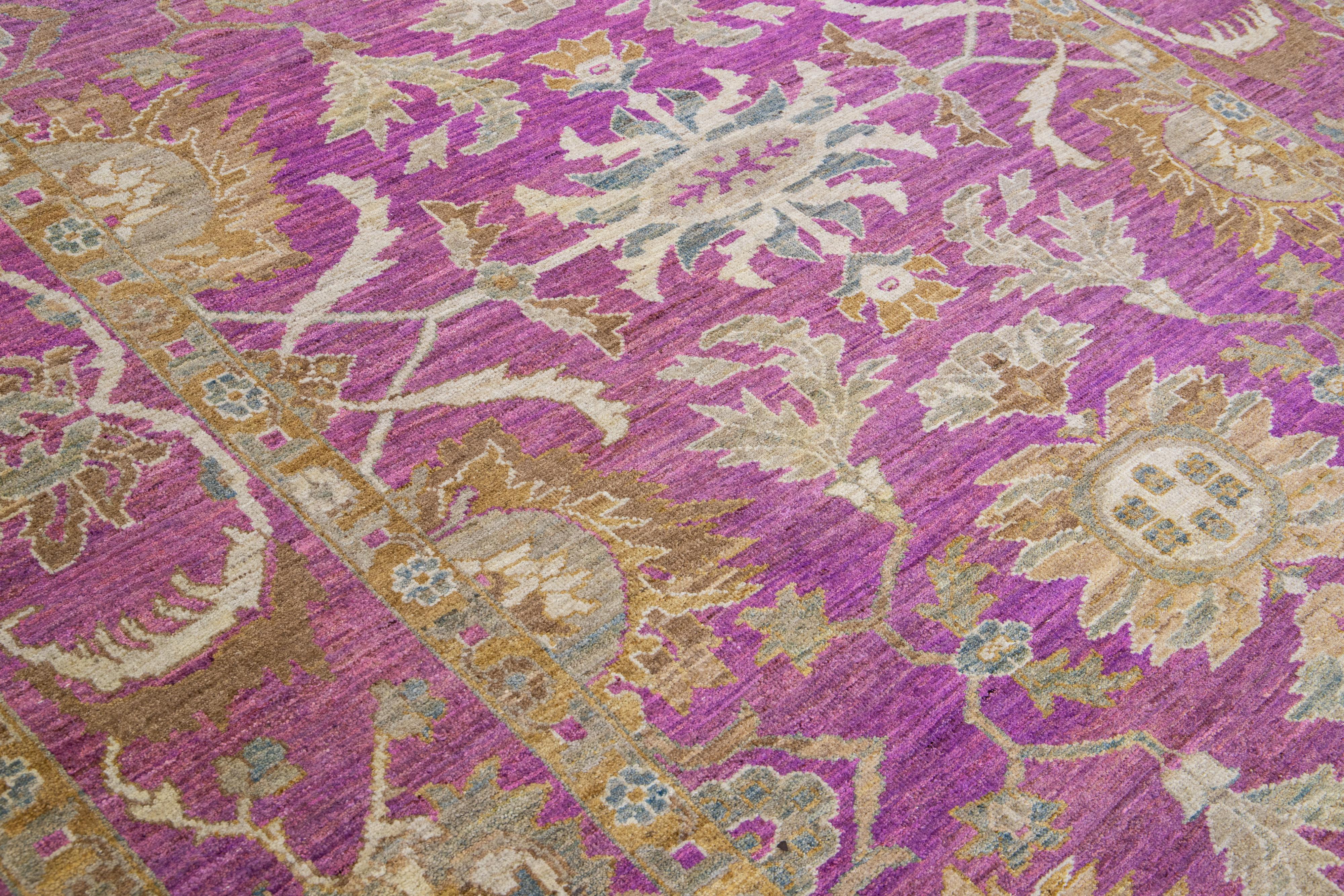 Purple Modern Mahal Handmade Allover Designed Wool Rug For Sale 3