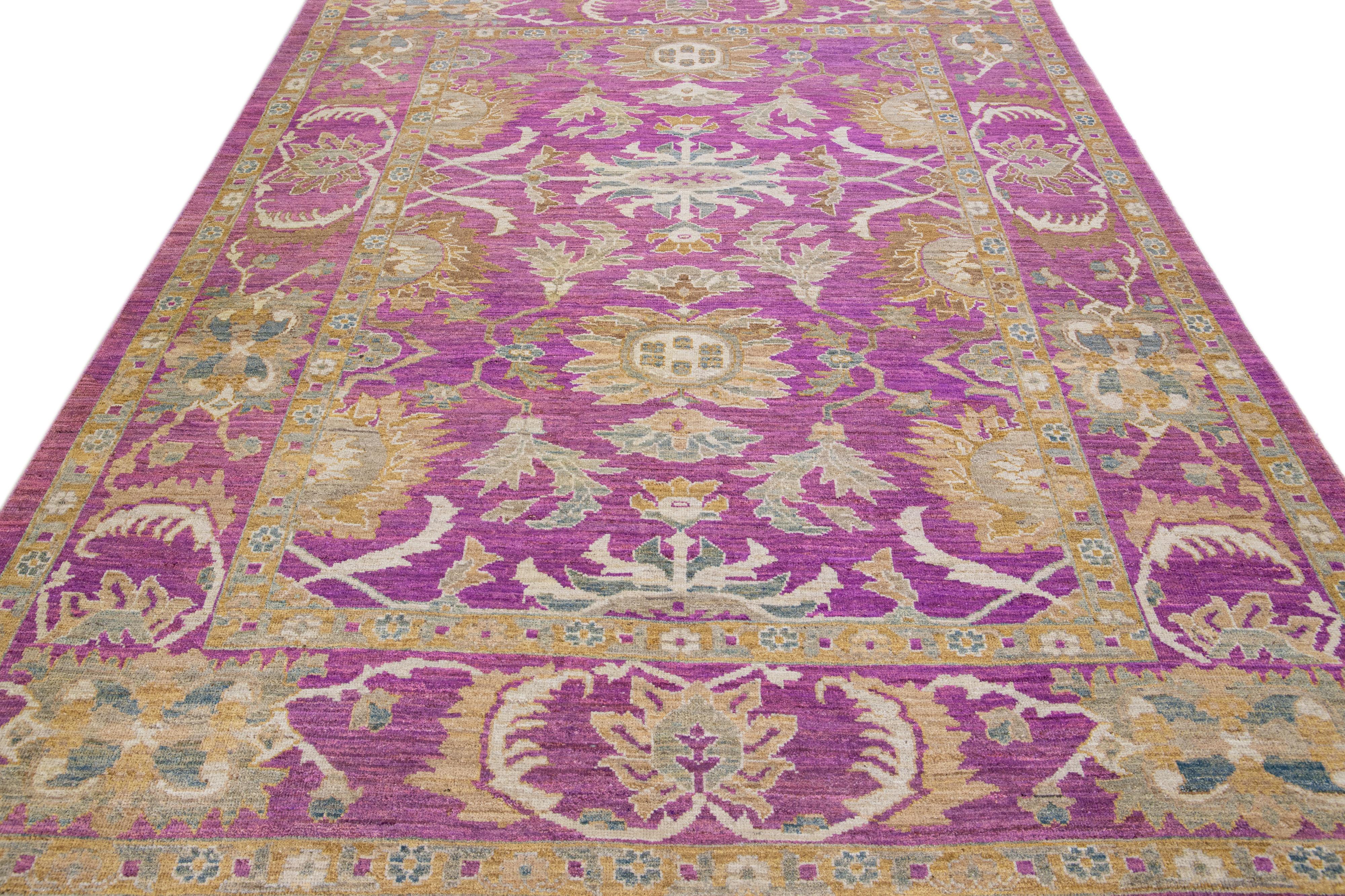 Islamic Purple Modern Mahal Handmade Allover Designed Wool Rug For Sale