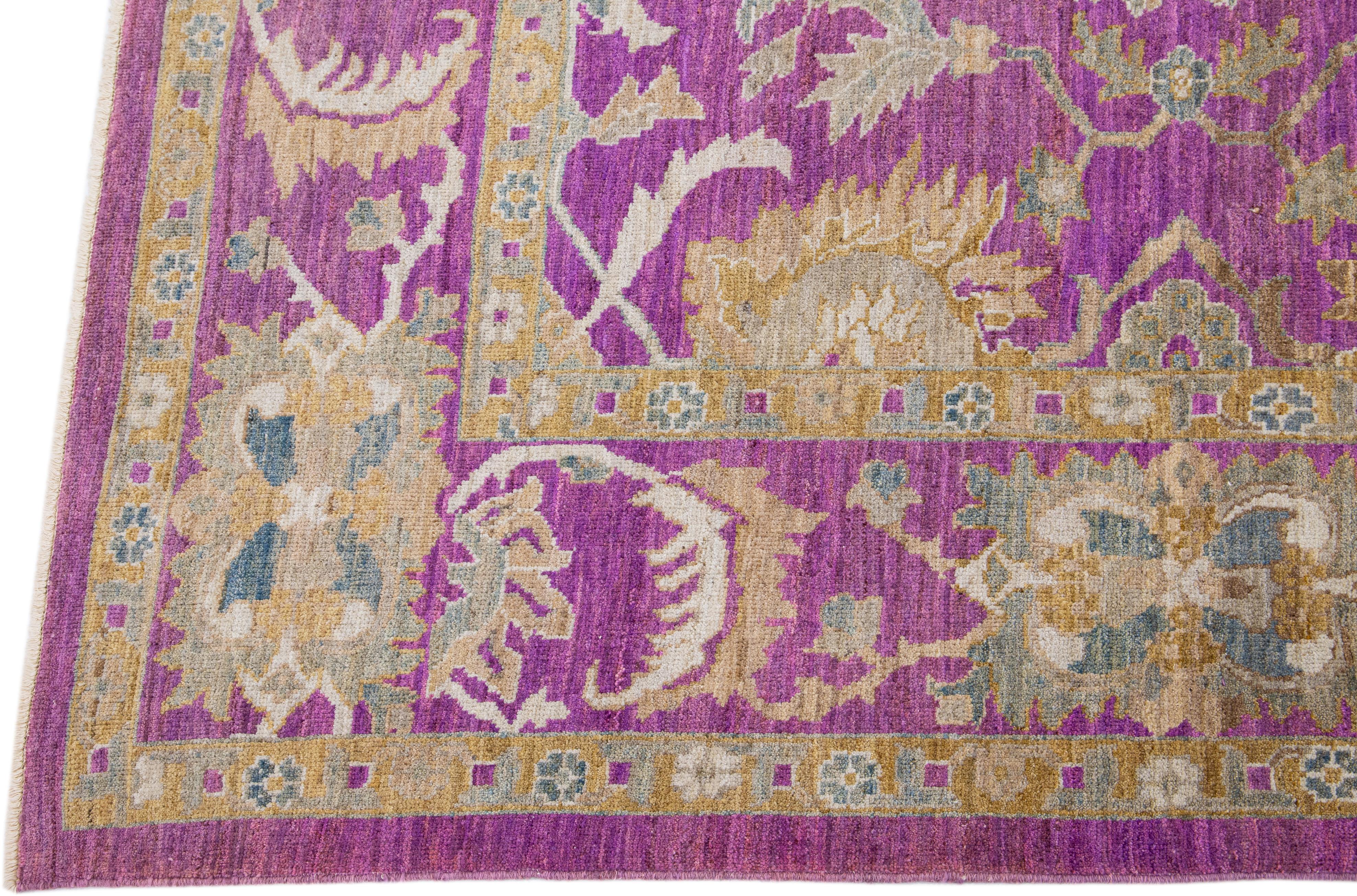Indian Purple Modern Mahal Handmade Allover Designed Wool Rug For Sale