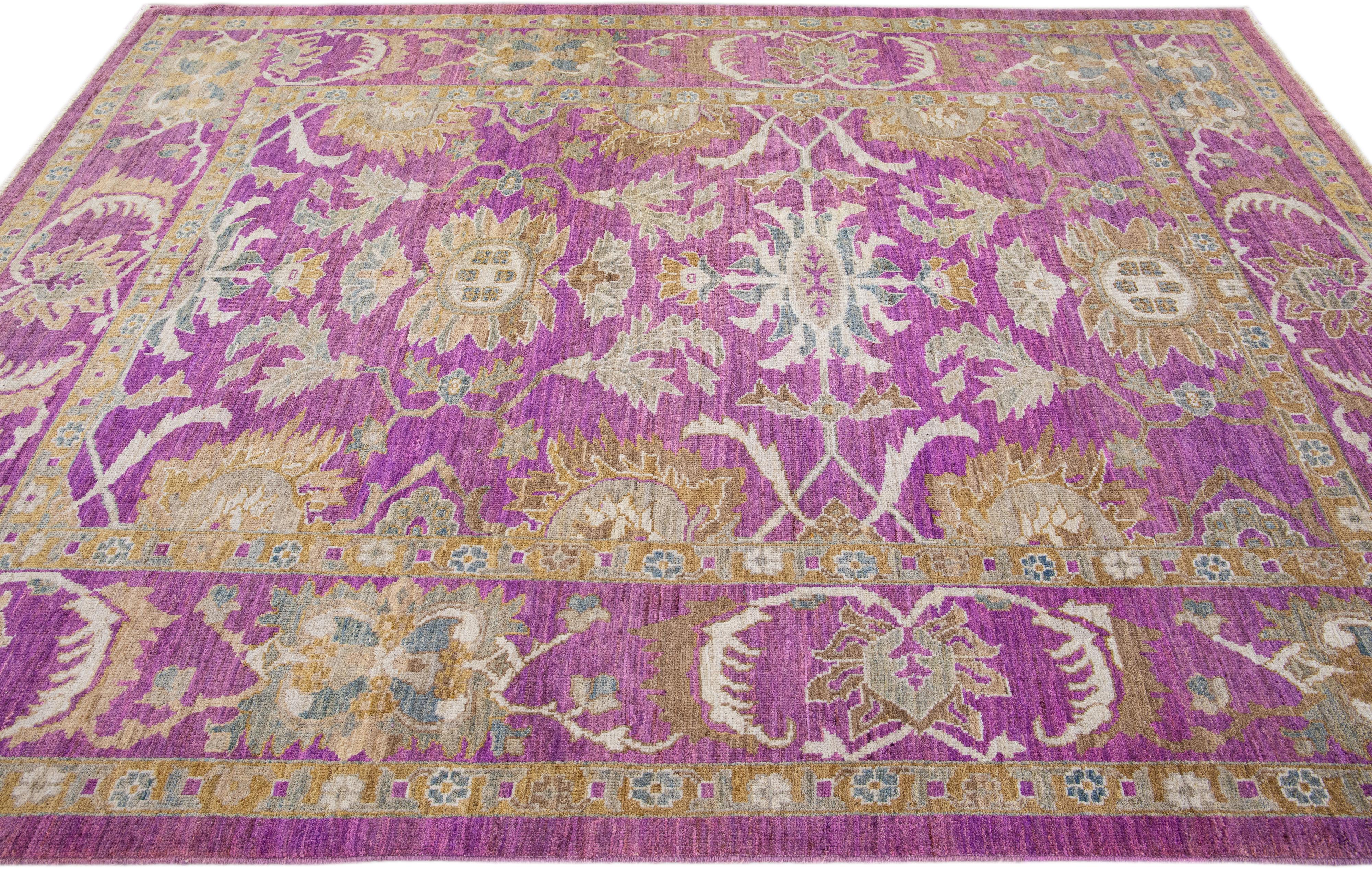 Hand-Knotted Purple Modern Mahal Handmade Allover Designed Wool Rug For Sale