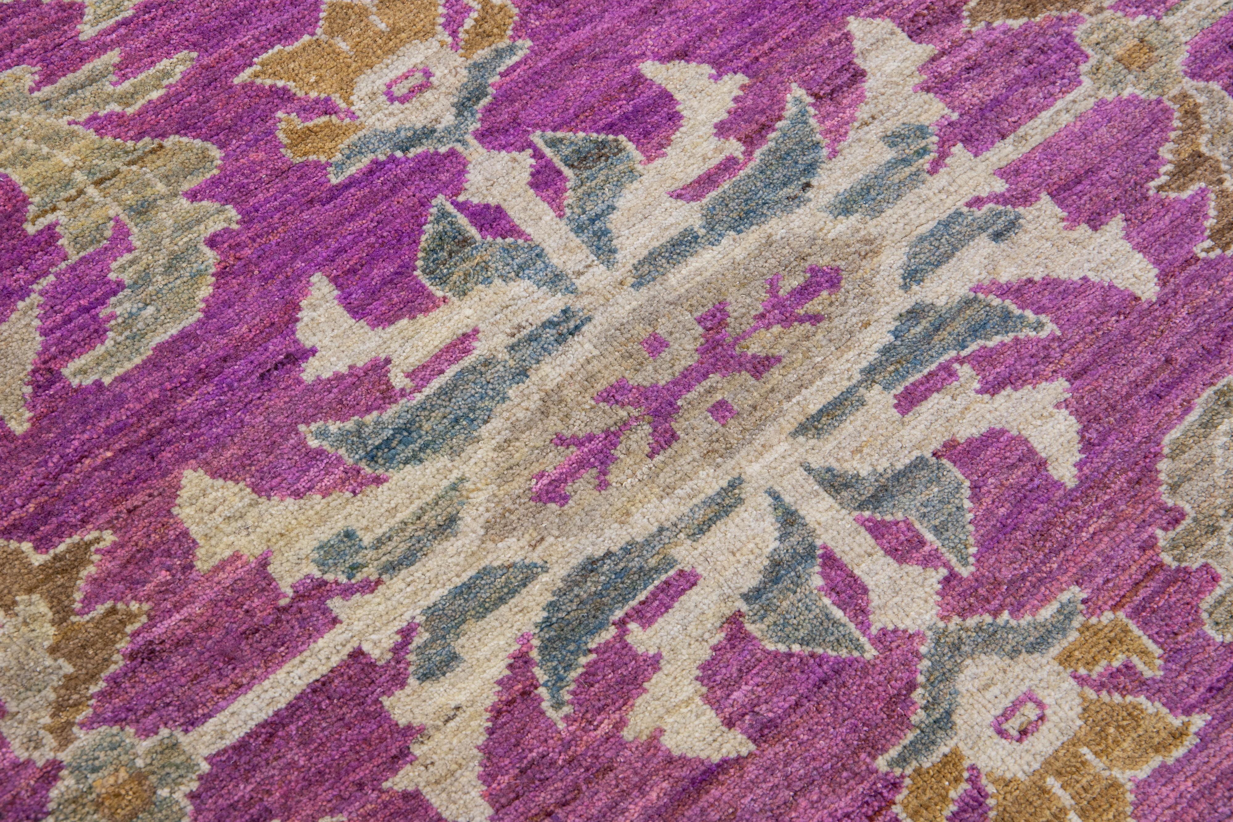 Contemporary Purple Modern Mahal Handmade Allover Designed Wool Rug For Sale