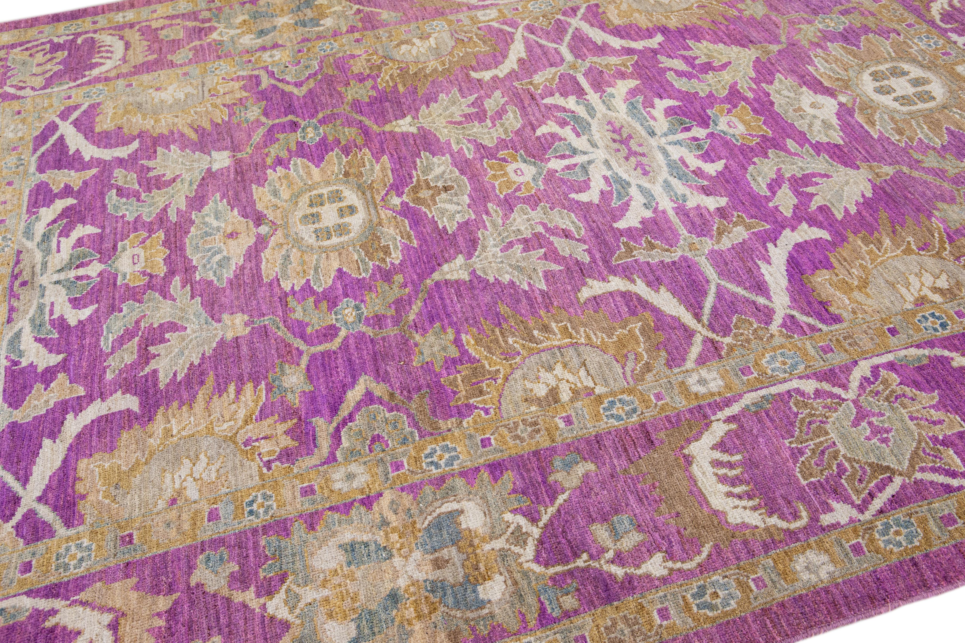 Purple Modern Mahal Handmade Allover Designed Wool Rug For Sale 2