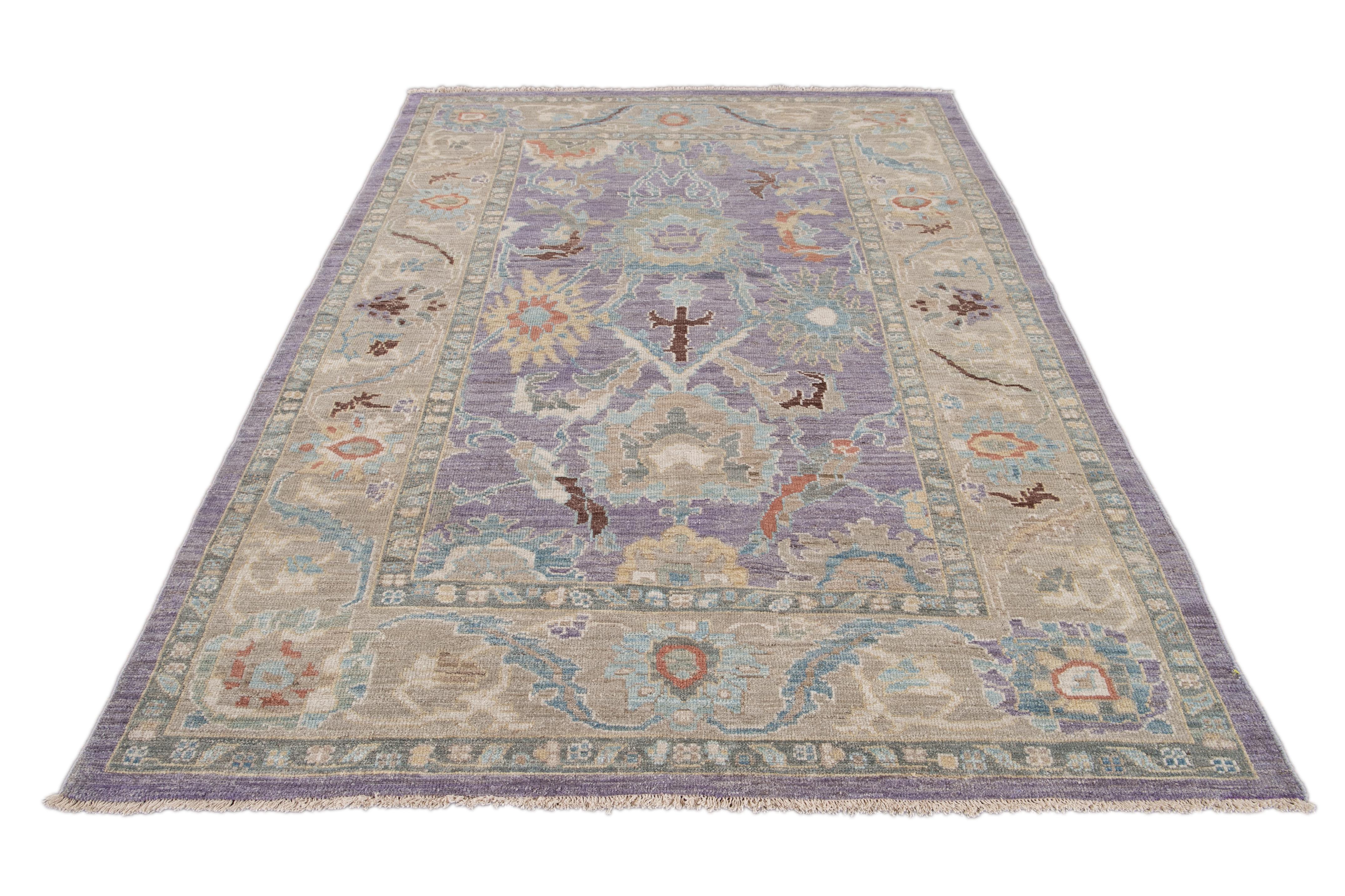 Asian Purple Modern Sultanabad Handmade Wool Rug For Sale