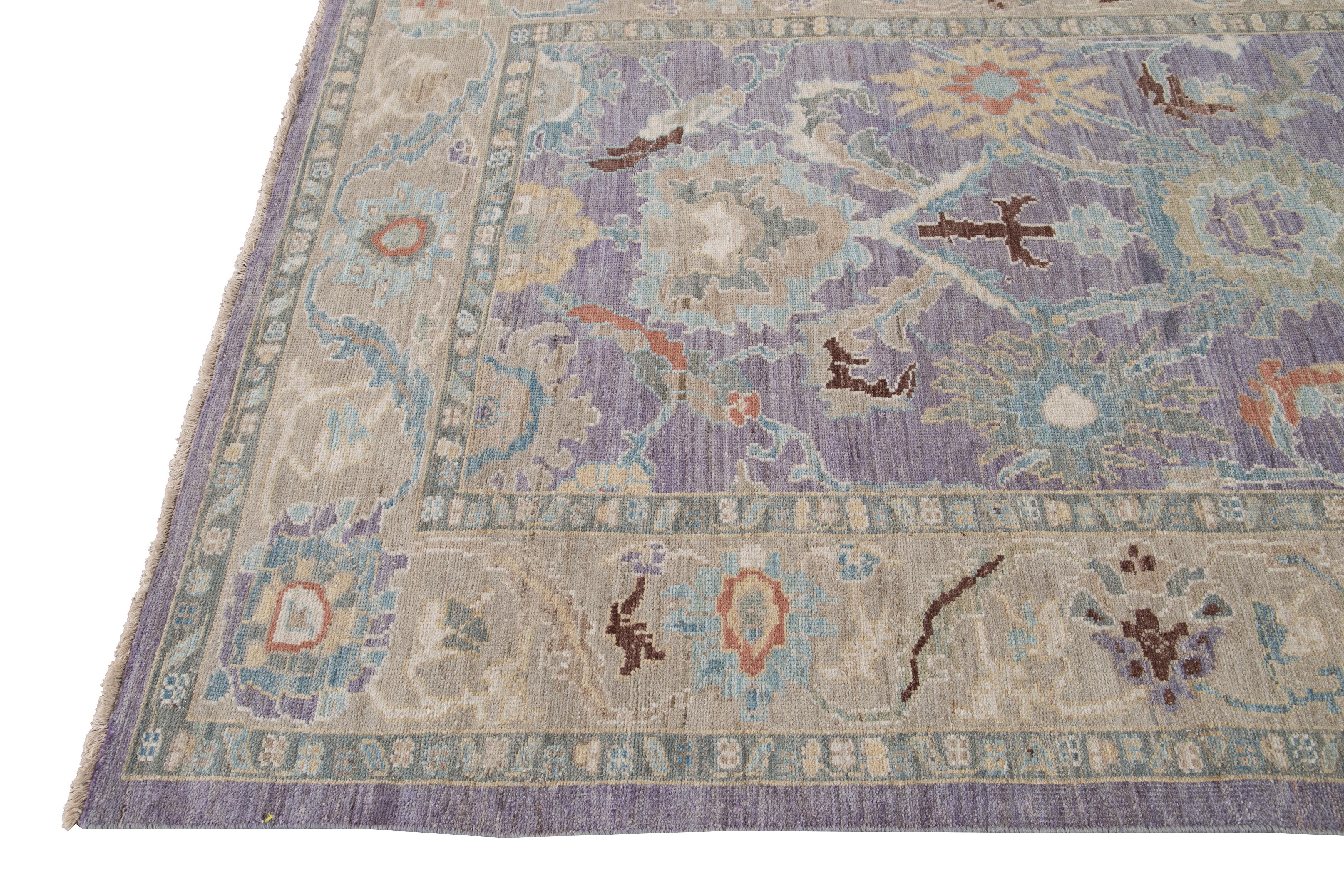 Hand-Knotted Purple Modern Sultanabad Handmade Wool Rug For Sale