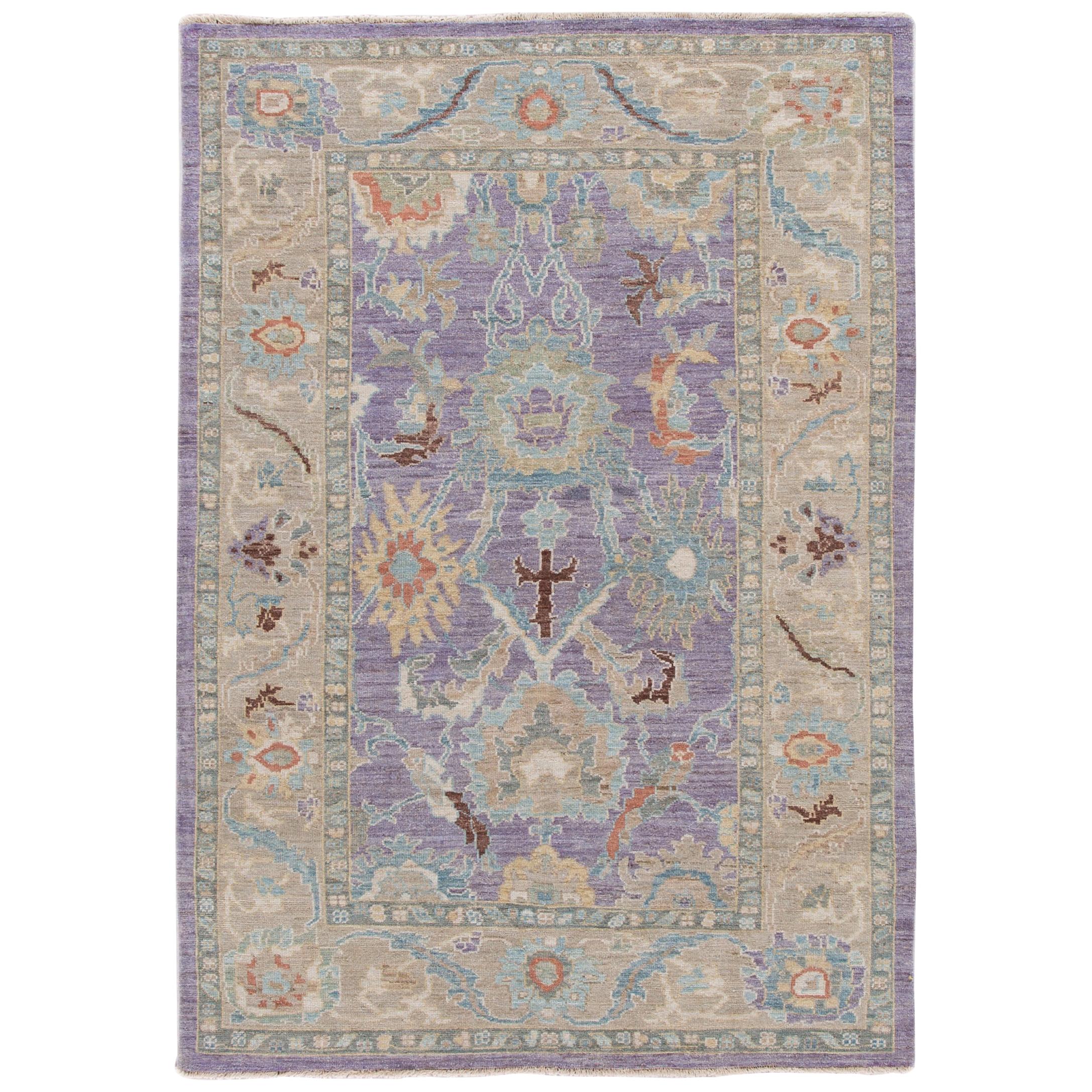 Purple Modern Sultanabad Handmade Wool Rug For Sale