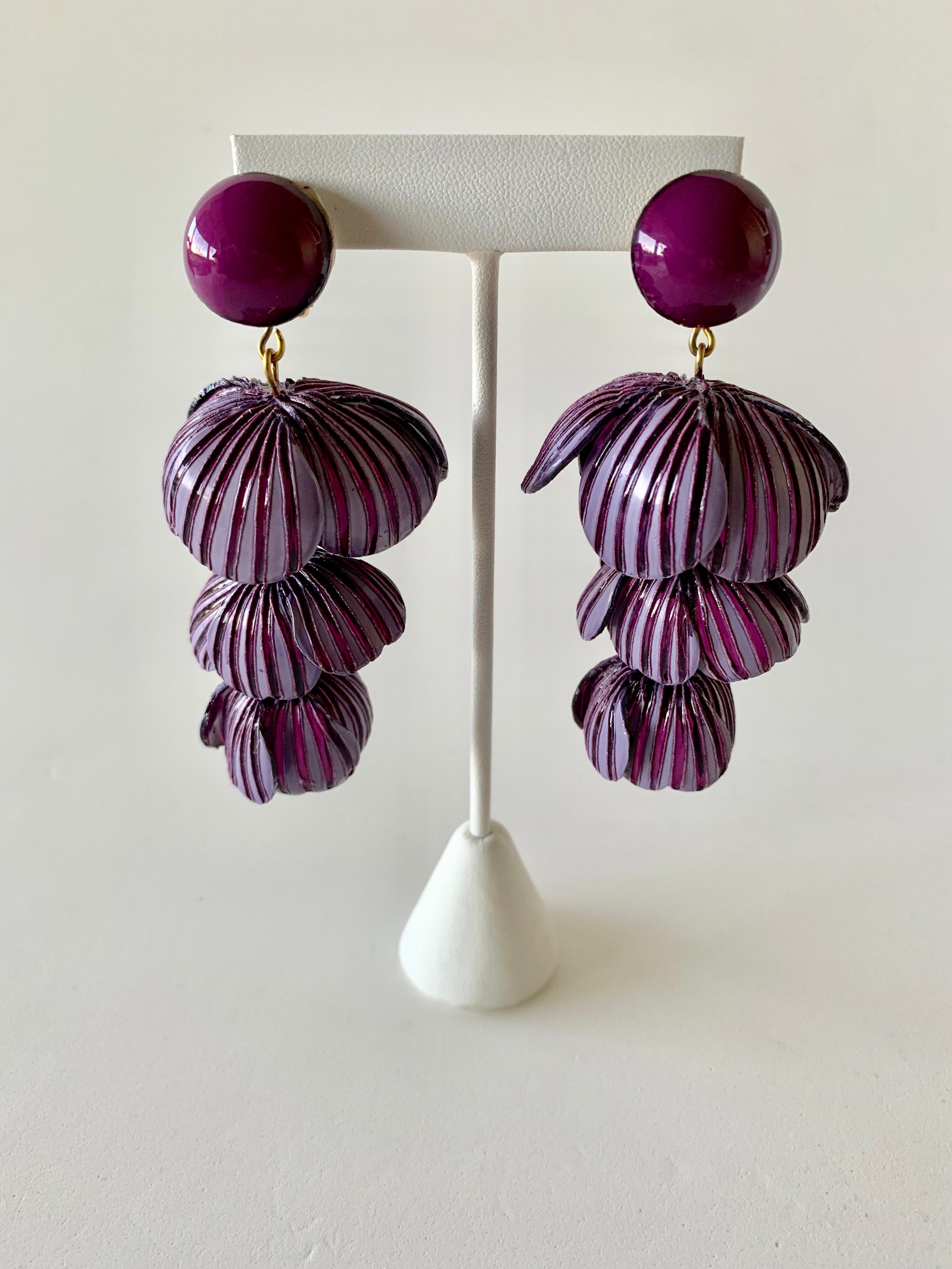 Architectural Two-tone Purple Flower Statement Earrings  In New Condition In Palm Springs, CA