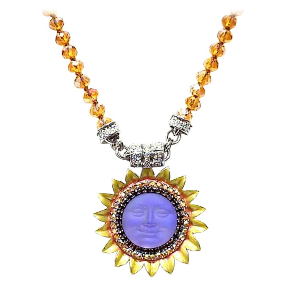 Purple Moon Face Sunflower Amber and Aurora Borealis Crystal Magnetic Necklace