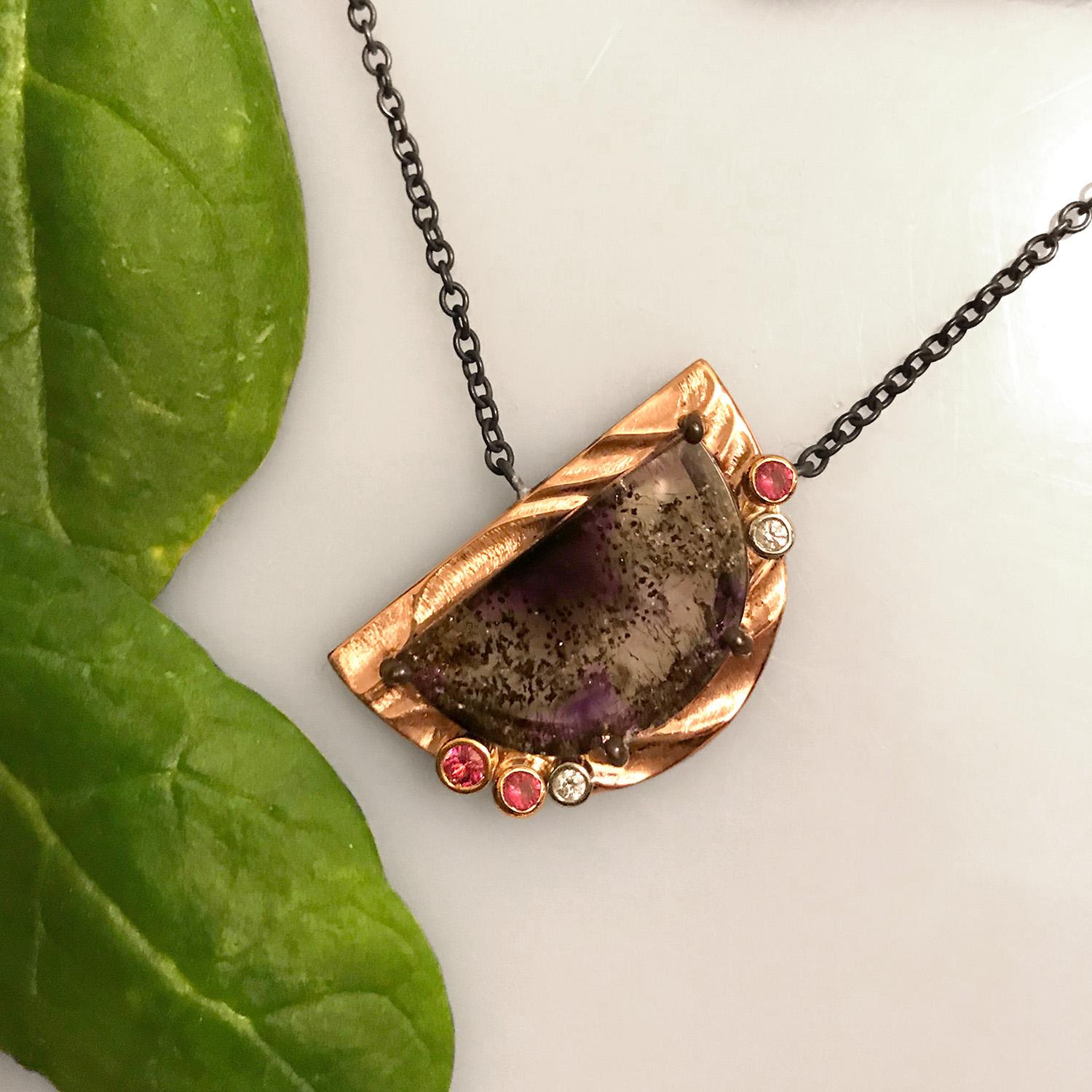 Contemporary Purple Moon Pendant Featuring a Cacoxenite Amethyst Surrounded by Rose Gold