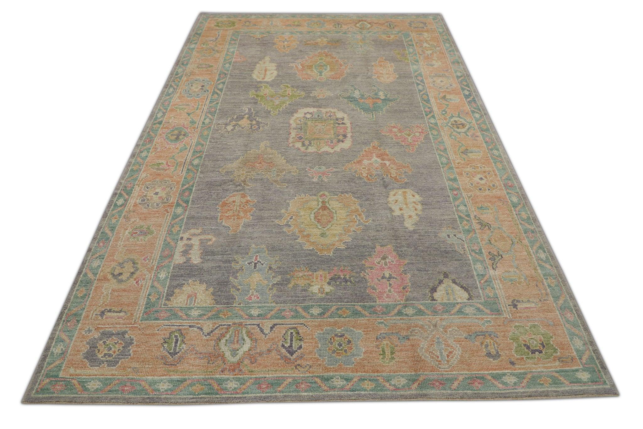 Moderno Tappeto Oushak turco in lana intrecciata a mano con disegno floreale multicolore viola, 6'2