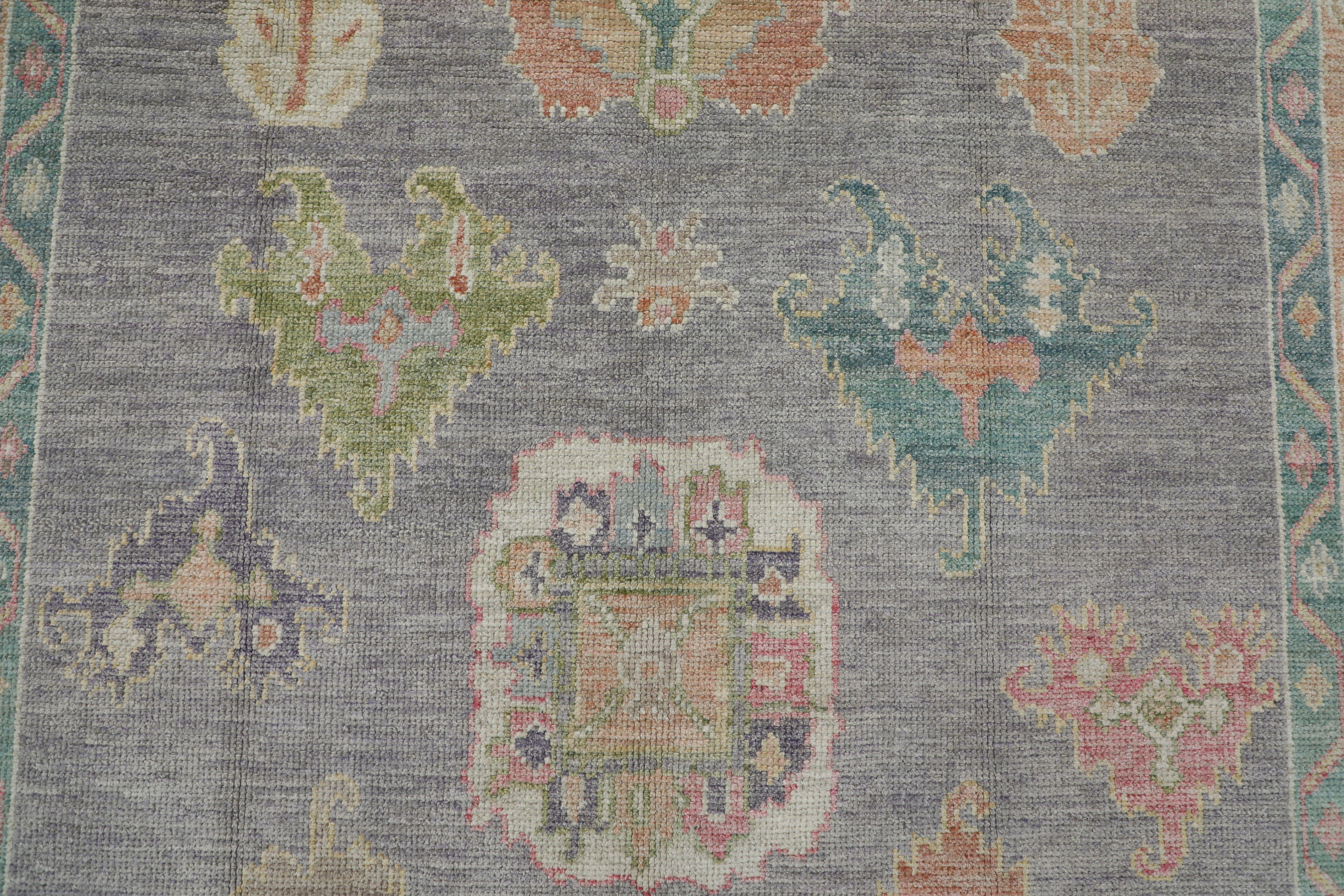 Lana Tappeto Oushak turco in lana intrecciata a mano con disegno floreale multicolore viola, 6'2