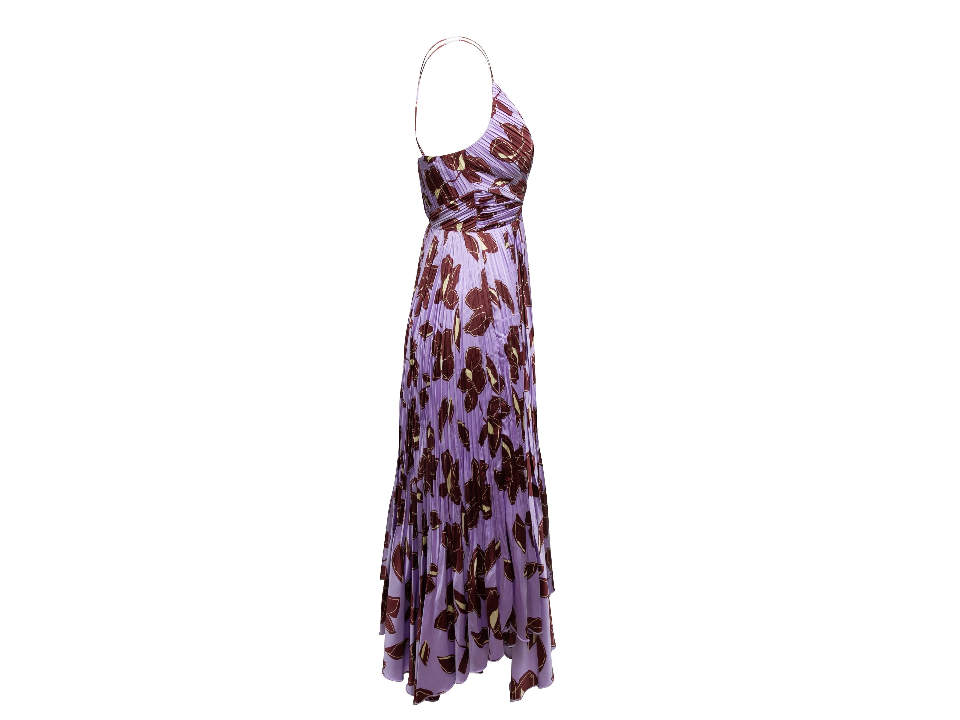  Purple, brown, and white floral print sleeveless dress by Jonathan Simkhai. Surplice neckline. Narrow straps. Asymmetrical hem. 30