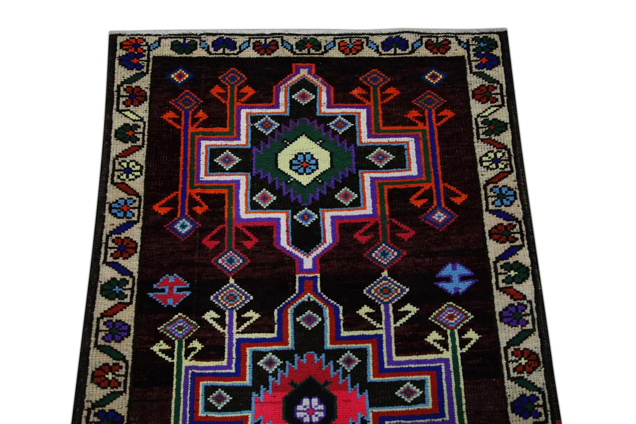 Vegetable Dyed Purple Multicolor Vintage Turkish Runner 2'10