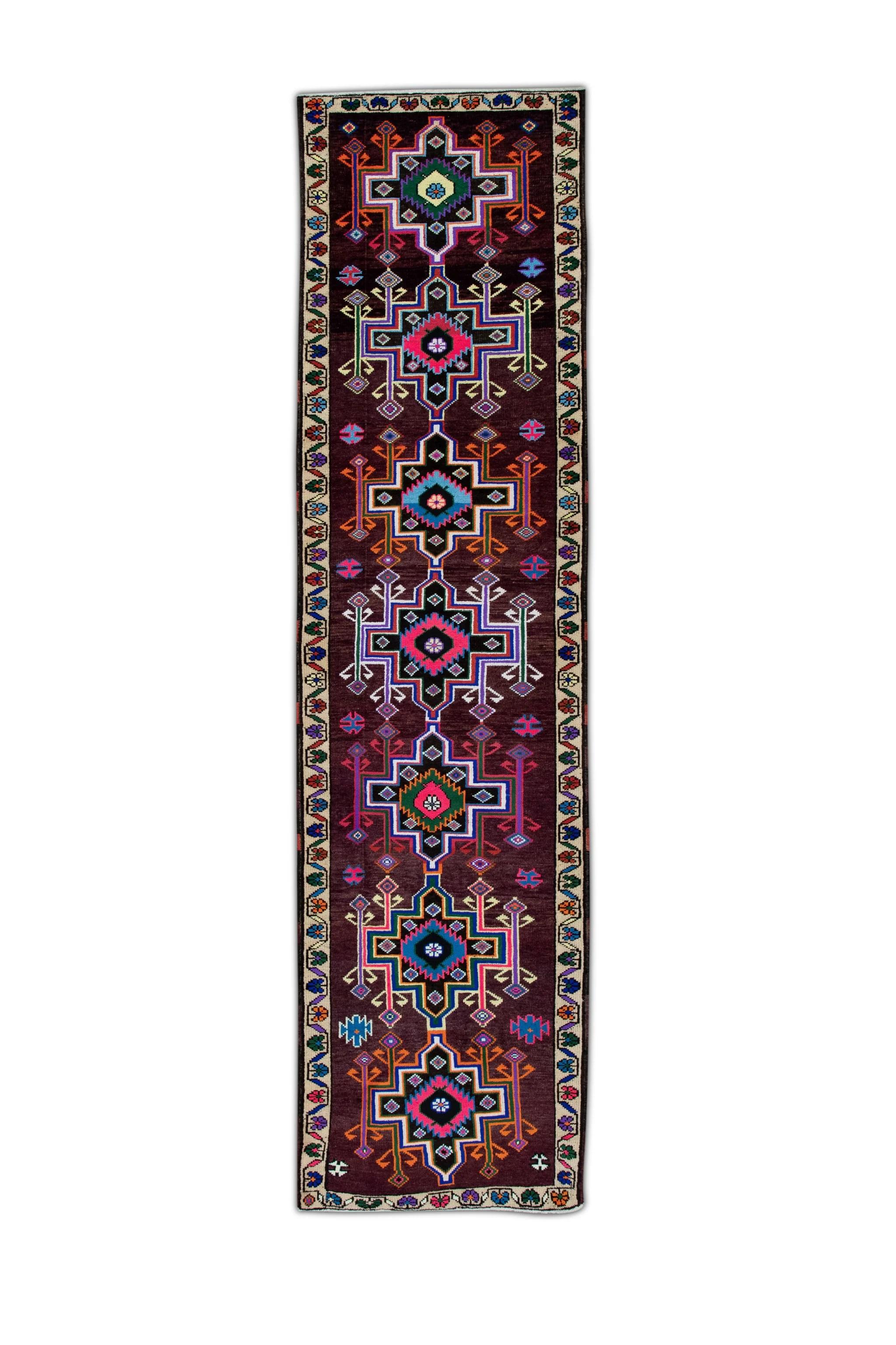 Mid-20th Century Purple Multicolor Vintage Turkish Runner 2'10