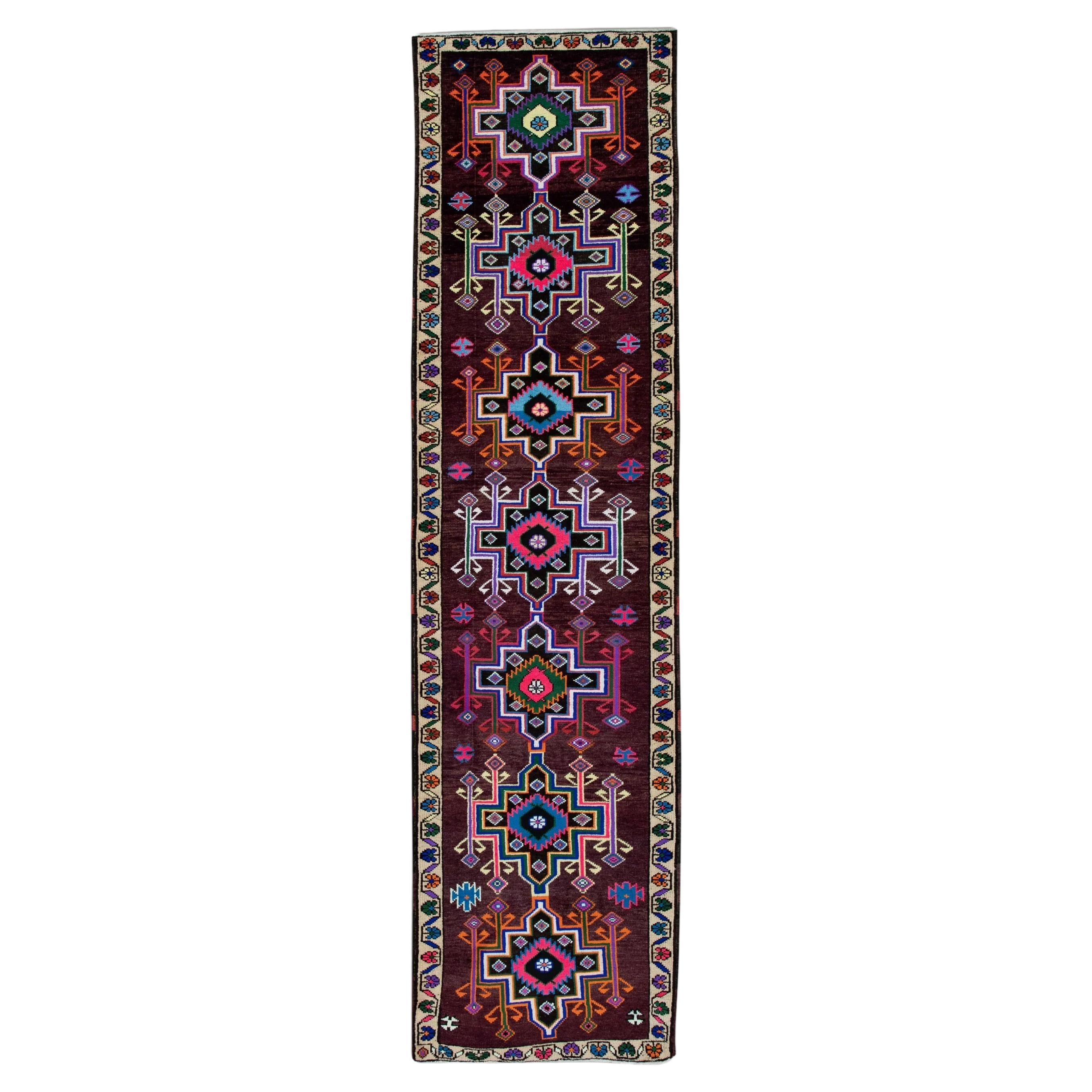 Tapis de couloir turc vintage multicolore violet 2'10" x 11'3"