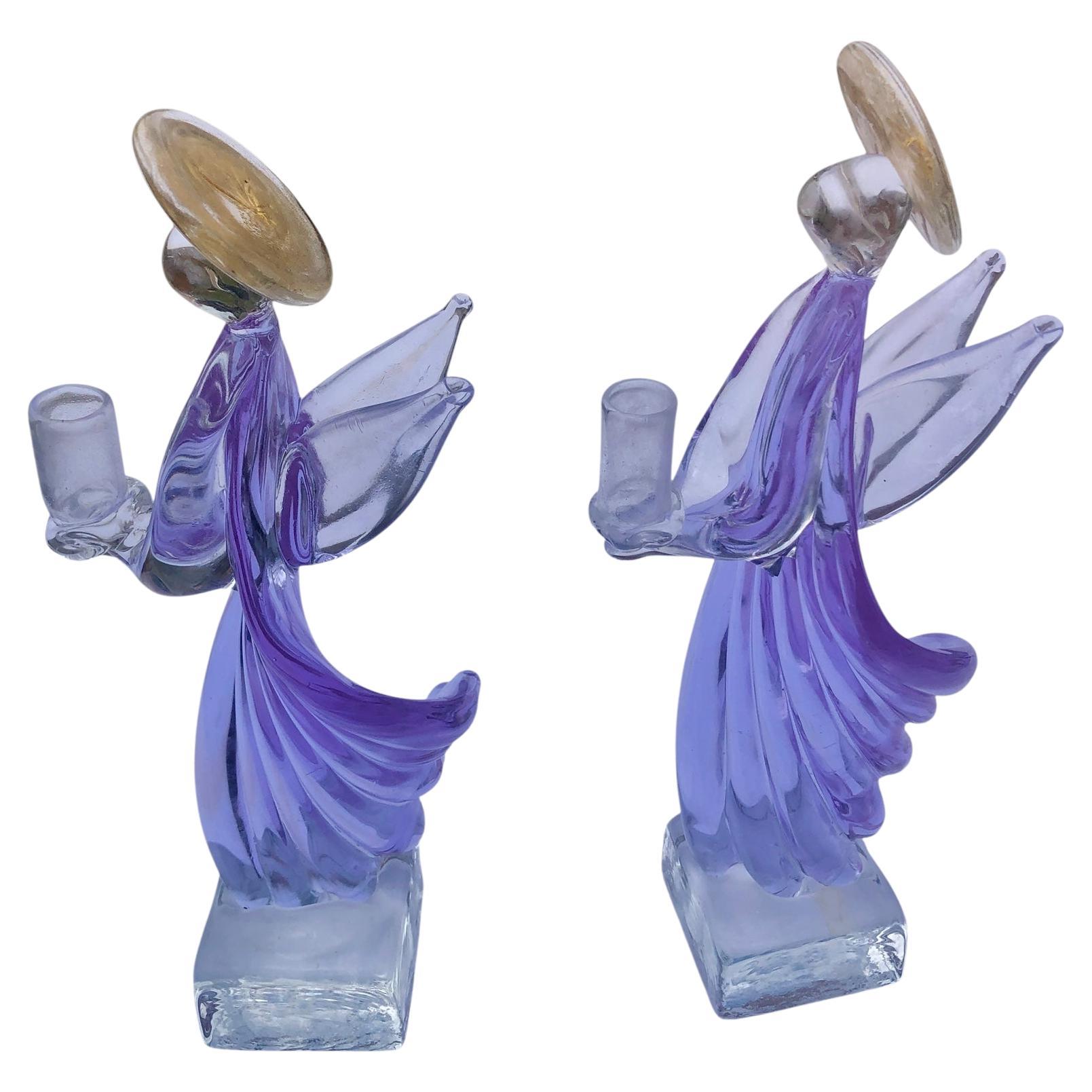 Scultura portacandele in vetro artistico italiano Art Angels di Murano viola. in vendita