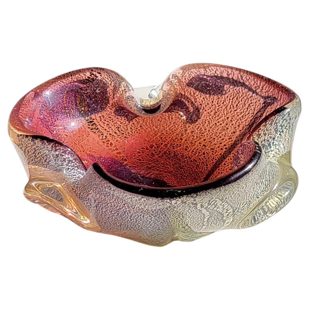 Purple Murano Art Glass Seguso Pinched Bowl With Silver Flakes