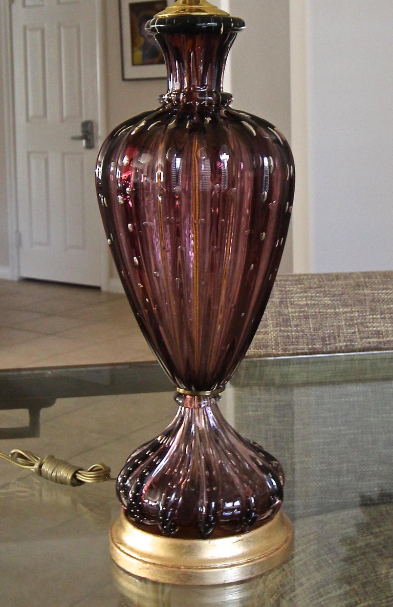 Purple Murano Italian Controlled Bubbles Ribbed Glass Table Lamp For Sale 1