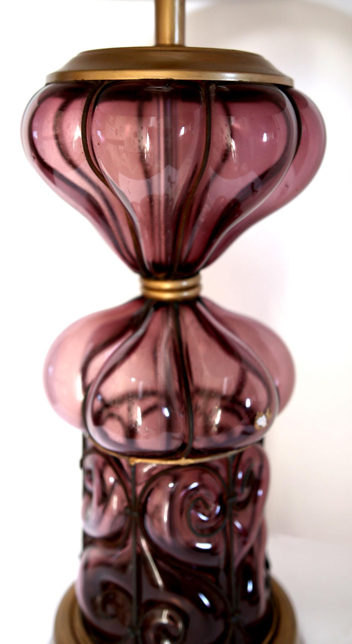 20th Century Marbro Purple Murano Style Blown Glass Lamp For Sale