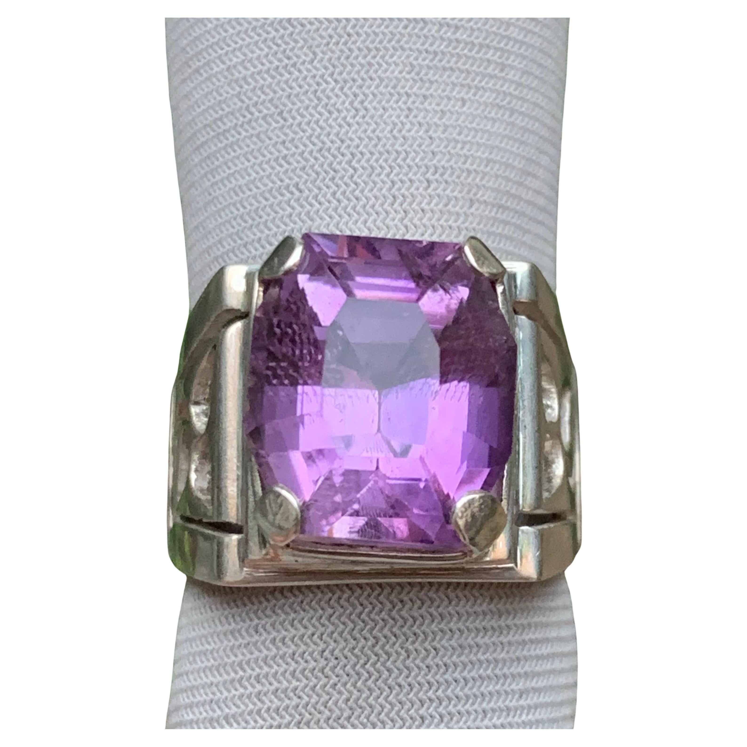 Purple Natural Amethyst Gemstone Ring 925 Sterling Silver- Size 10.5 for Men