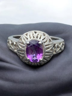 Purple Natural Amethyst Gemstone Ring 925 Sterling Silver- Size 8 from Brazil