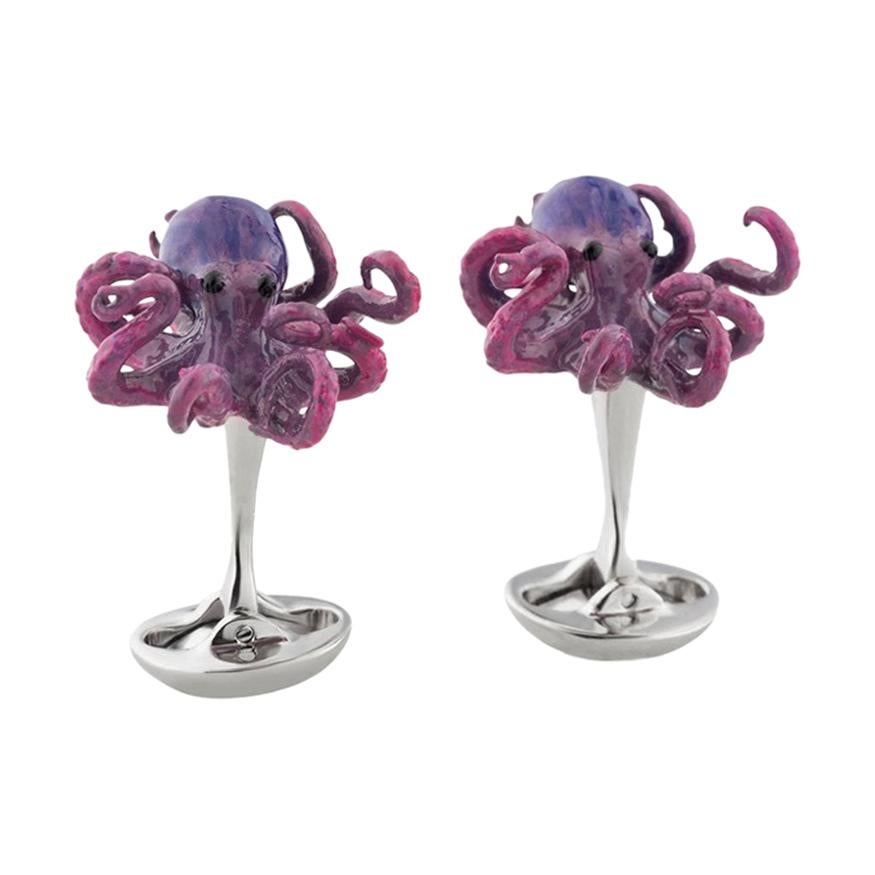 Purple Octopus Cufflinks in Hand-Enameled Sterling Silver by Fils Unique For Sale