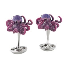 Purple Octopus Cufflinks in Hand-Enameled Sterling Silver by Fils Unique