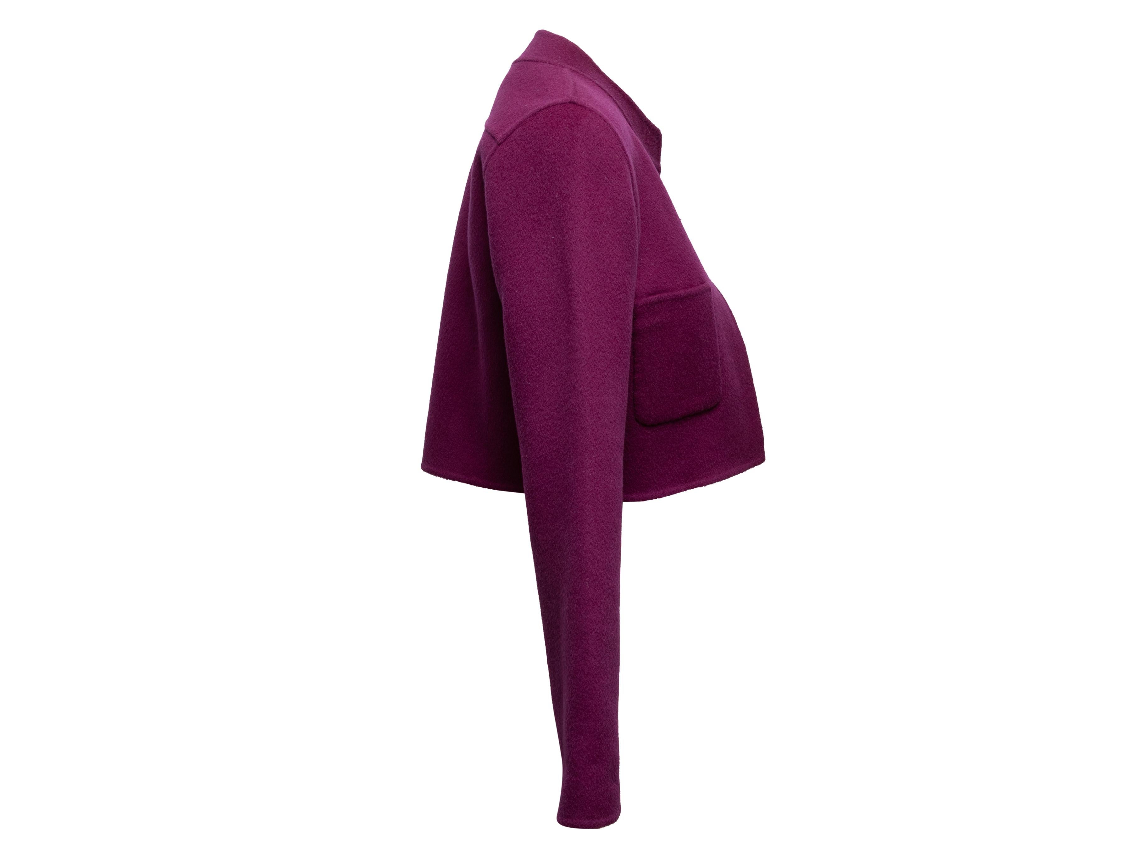 Purple cropped wool and cashmere jacket by Odeeh. Dual bust pockets. Open front. 36