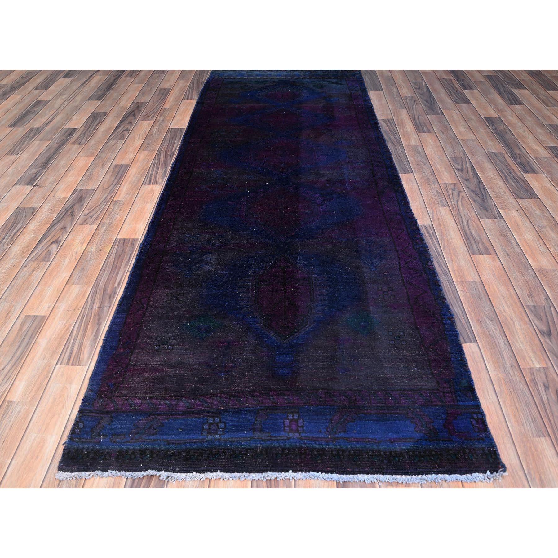Medieval Purple Old Northwest Persian Overdyed Wool Rustic Clean Hand Knotted Runner Rug For Sale