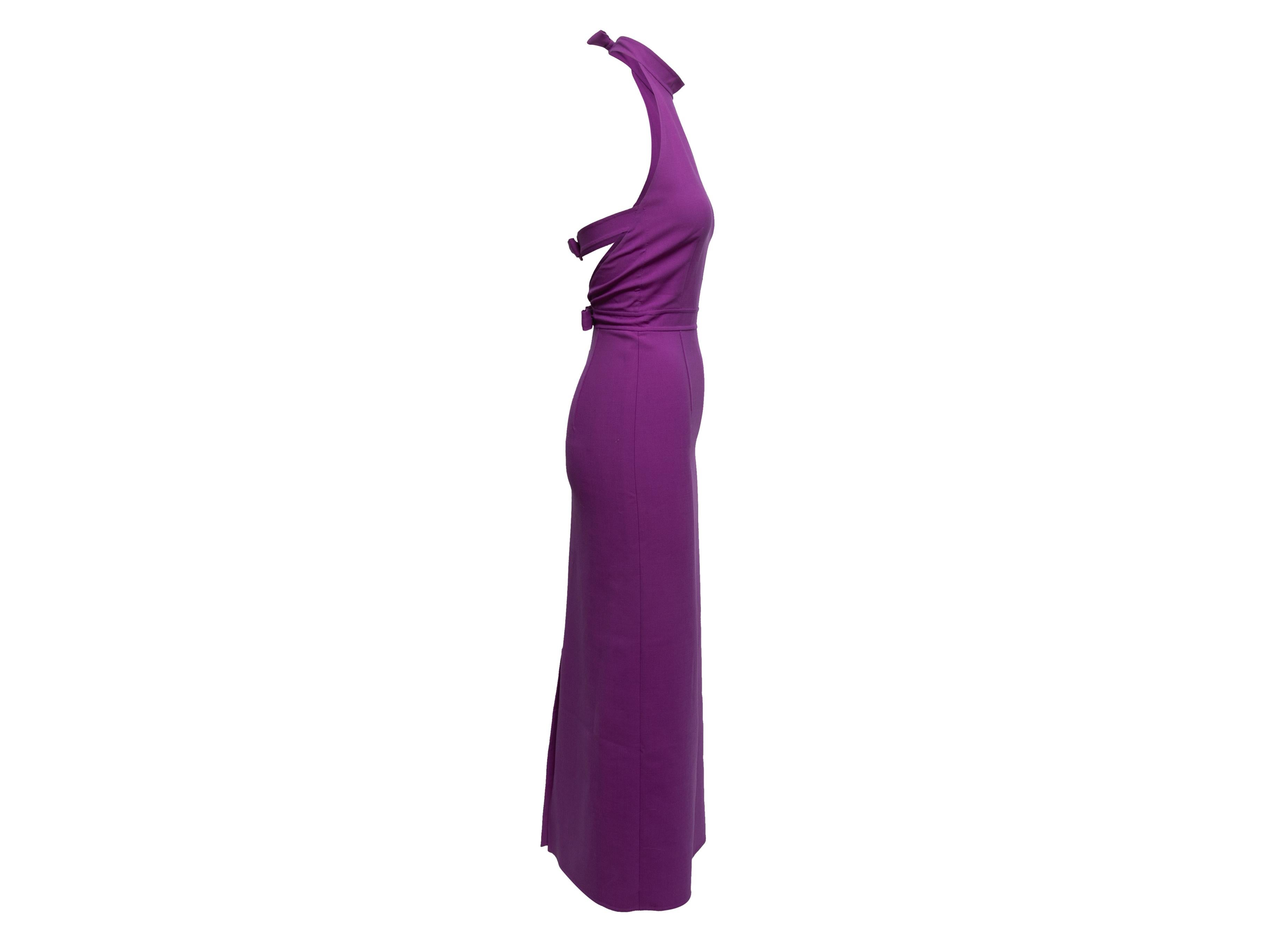 Purple bow halter maxi dress by Oscar de la Renta. Bow-accented zip and hook-and-eye closures at open back. 28