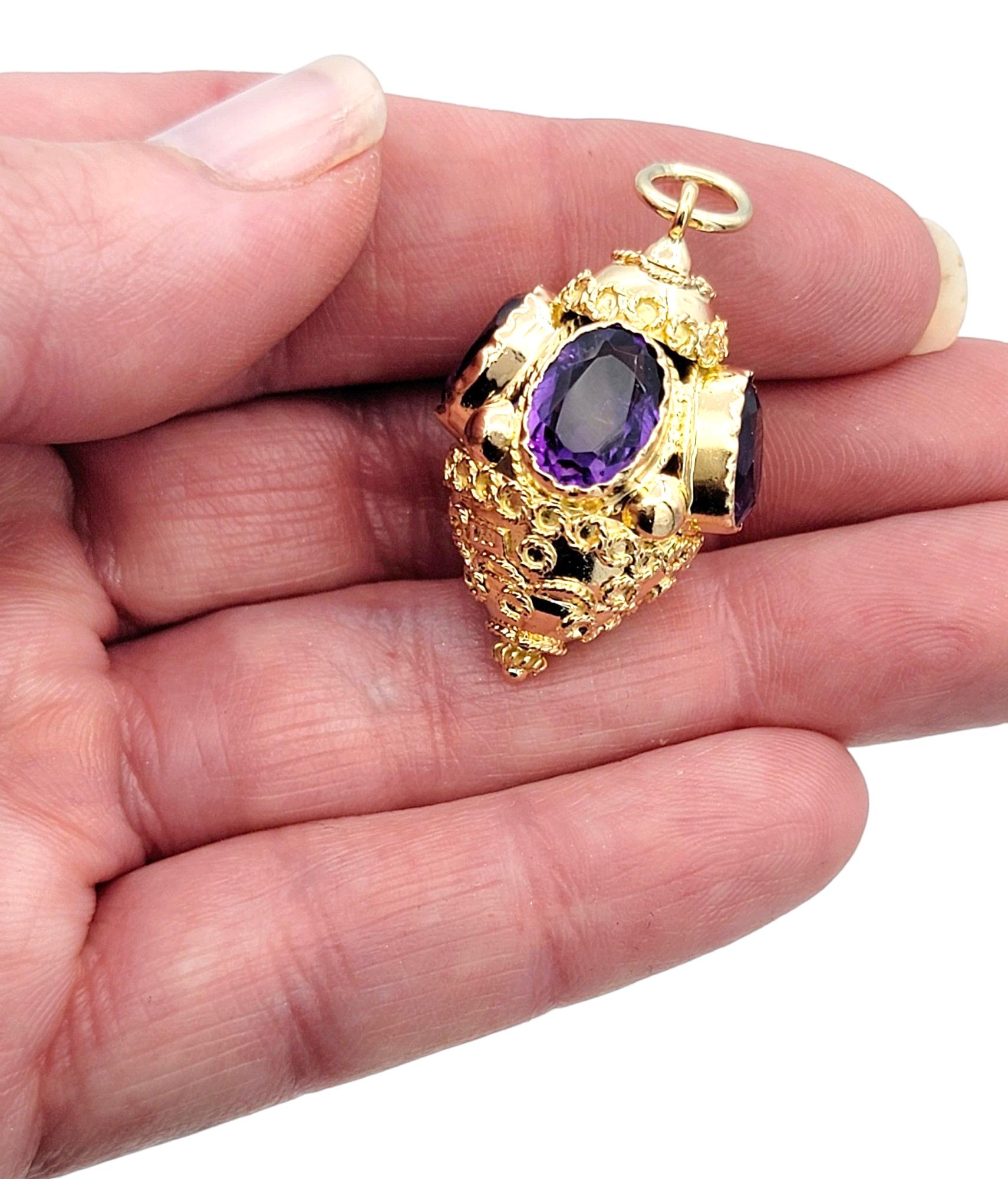 Women's or Men's Purple Oval Cut Amethyst Pendant with Milgrain Detail in 18 Karat Yellow Gold For Sale
