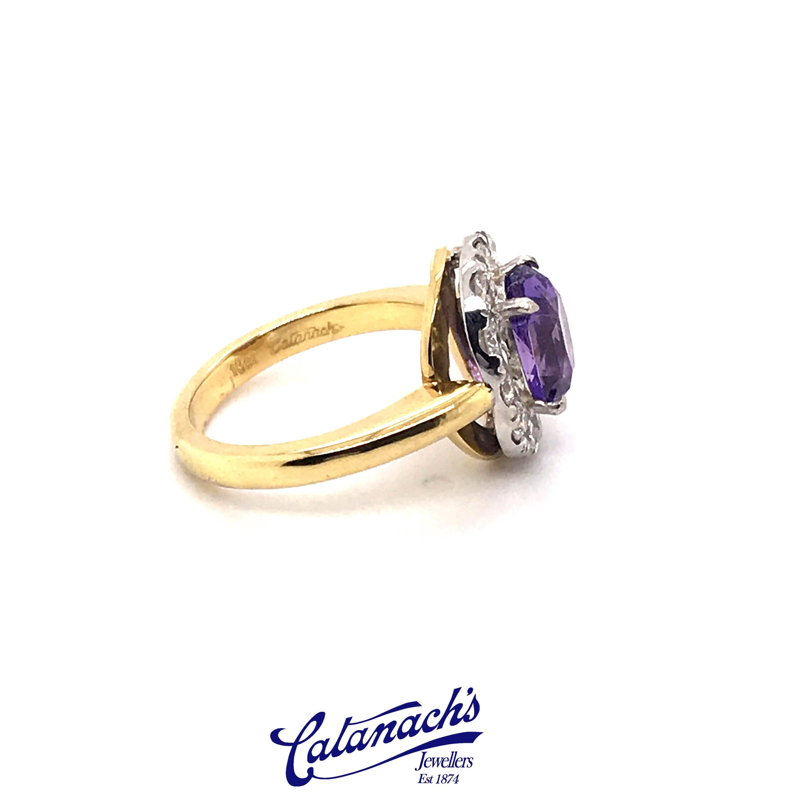 Oval Cut Purple Oval Sapphire and Diamond Cluster Ring Set in 18ct Yellow and White Gold
