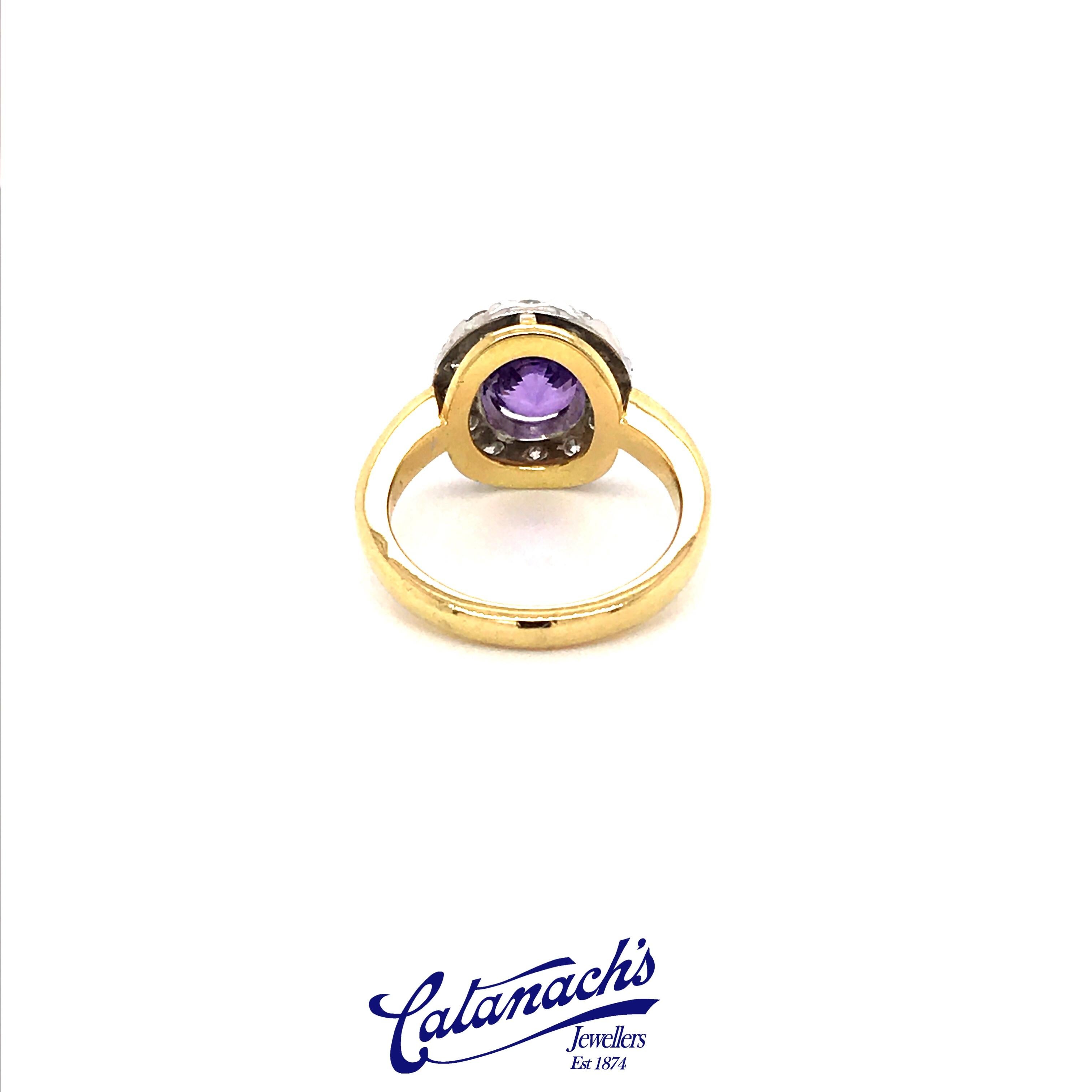 Purple Oval Sapphire and Diamond Cluster Ring Set in 18ct Yellow and White Gold In New Condition In Armadale, Victoria
