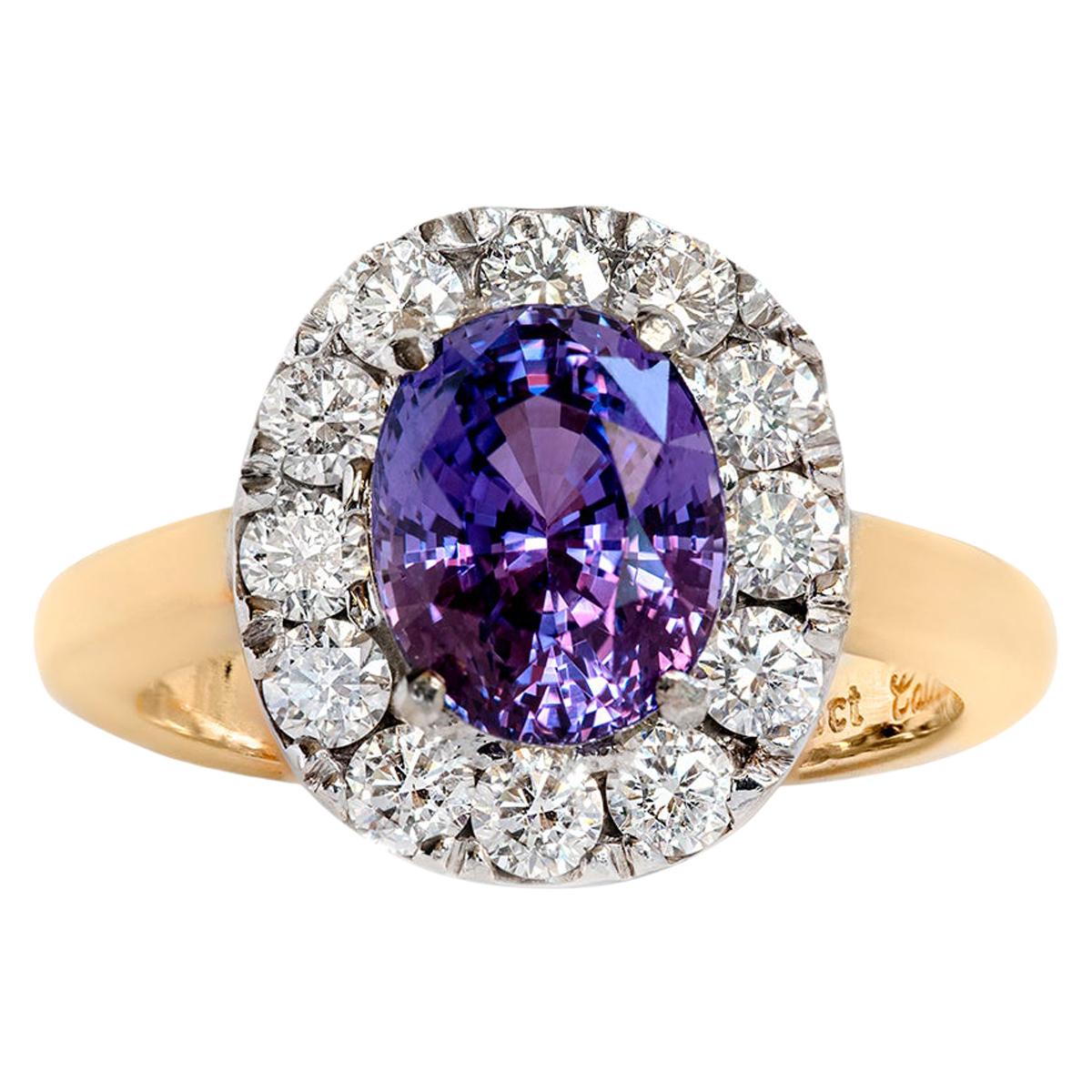 Purple Oval Sapphire and Diamond Cluster Ring Set in 18ct Yellow and White Gold