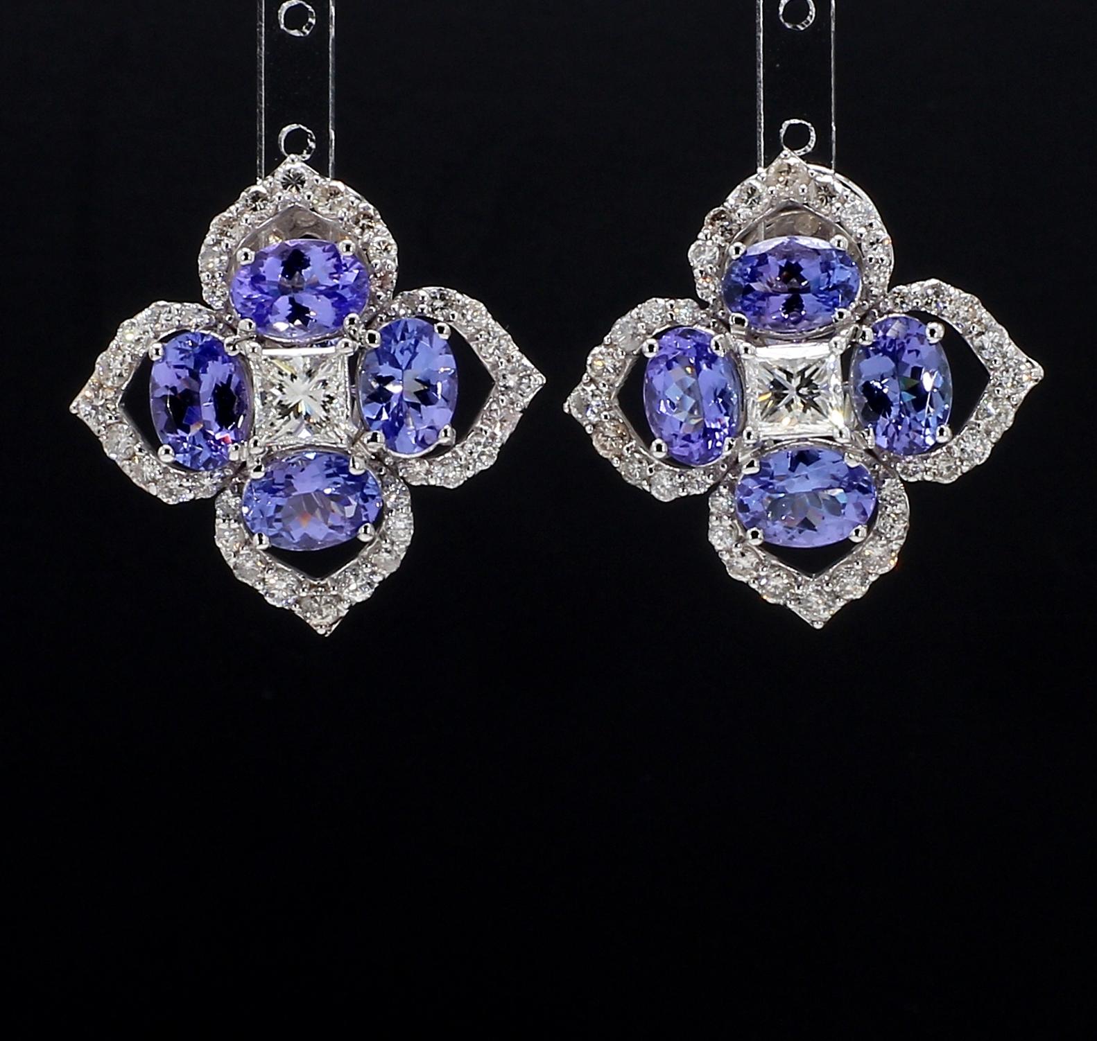 2.9 Carat Purple Oval Tanzanite and White Princess Diamond Floral Earrings In New Condition In New York, NY