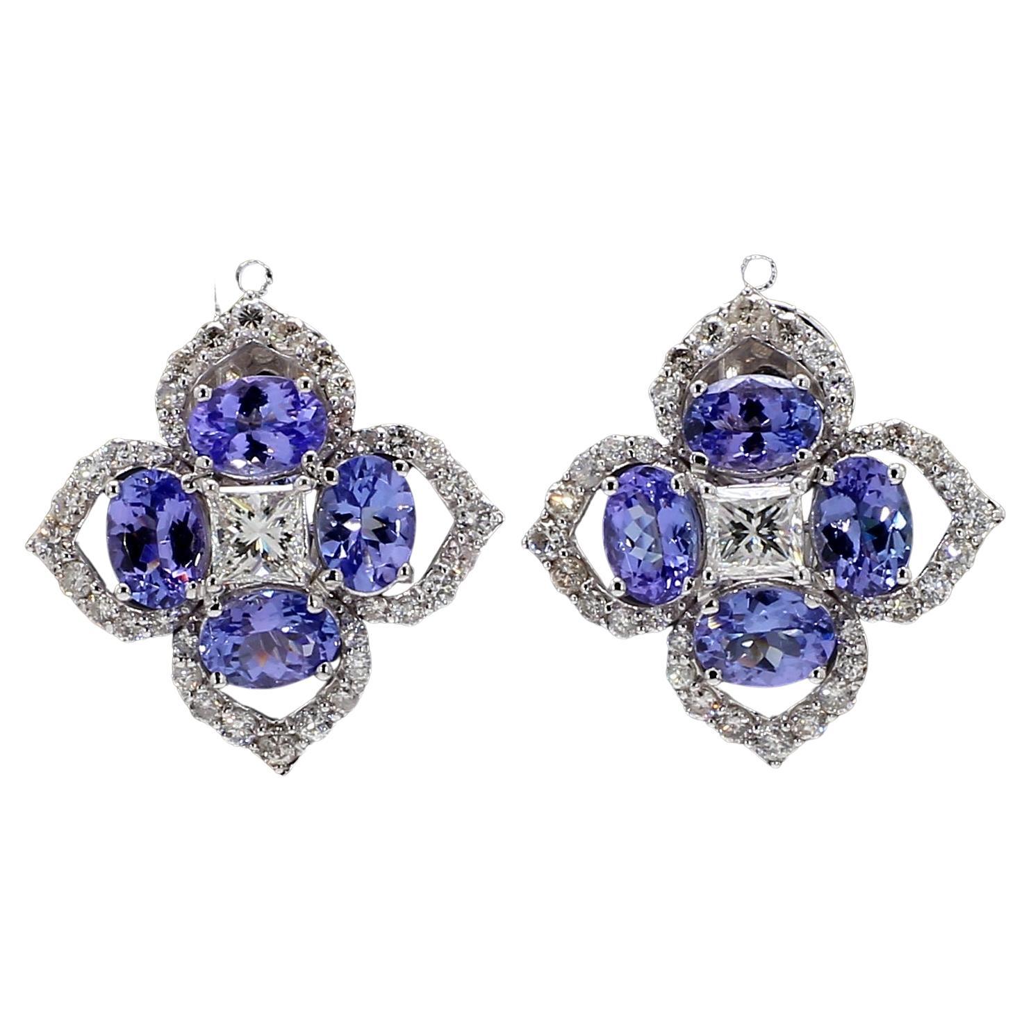 2.9 Carat Purple Oval Tanzanite and White Princess Diamond Floral Earrings