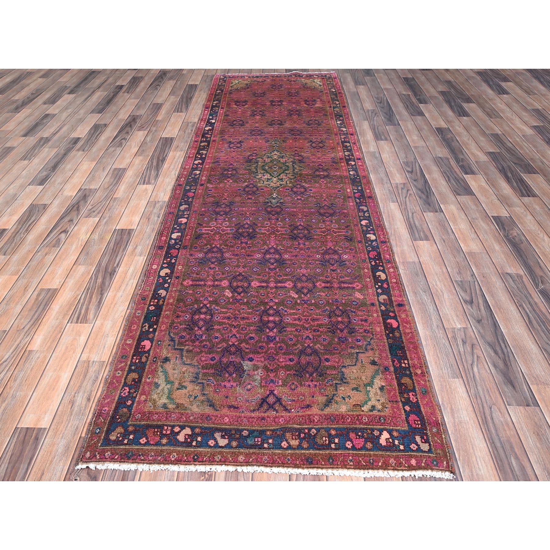 Medieval Purple Overdyed Hand Knotted Old Persian Hamadan Wool Clean Rustic Runner Rug For Sale