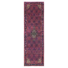 Purple Overdyed Hand Knotted Old Persian Hamadan Wool Clean Rustic Runner Rug