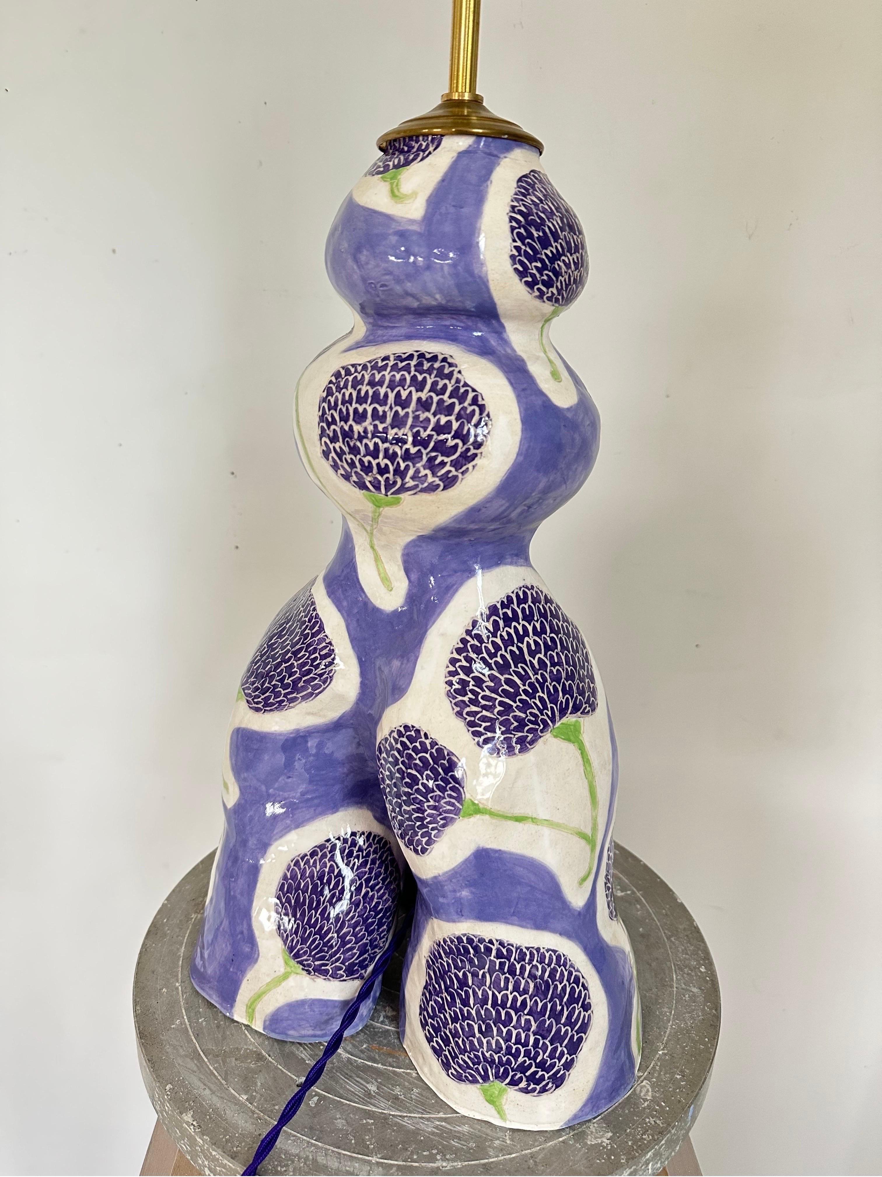Purple patterned ceramic lamp in hand painted marigold floral  For Sale 3