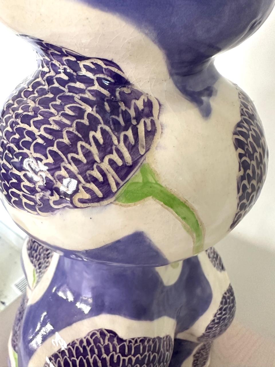 Purple patterned ceramic lamp in hand painted marigold floral  In New Condition For Sale In Charlottesville, VA