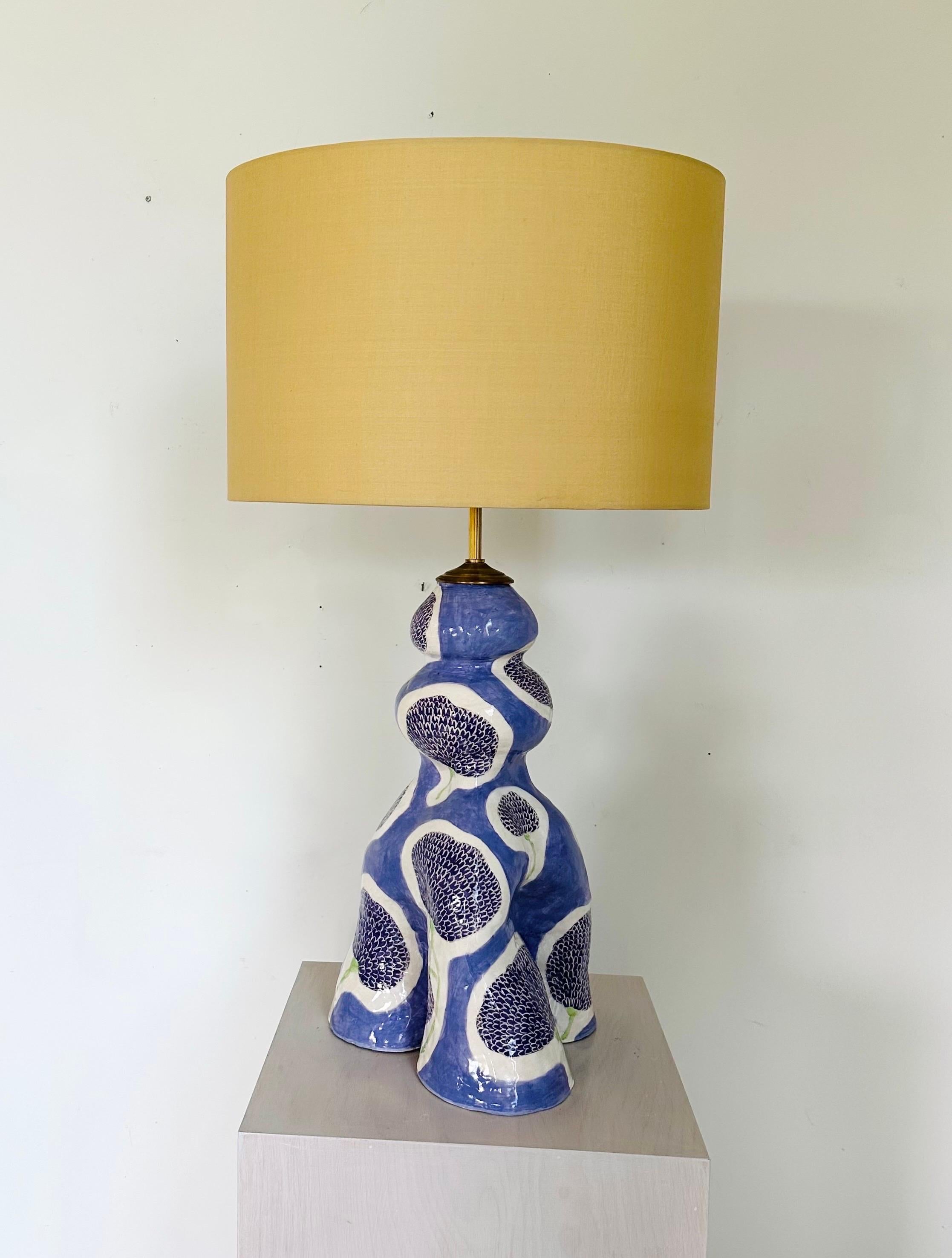 Contemporary Purple patterned ceramic lamp in hand painted marigold floral  For Sale