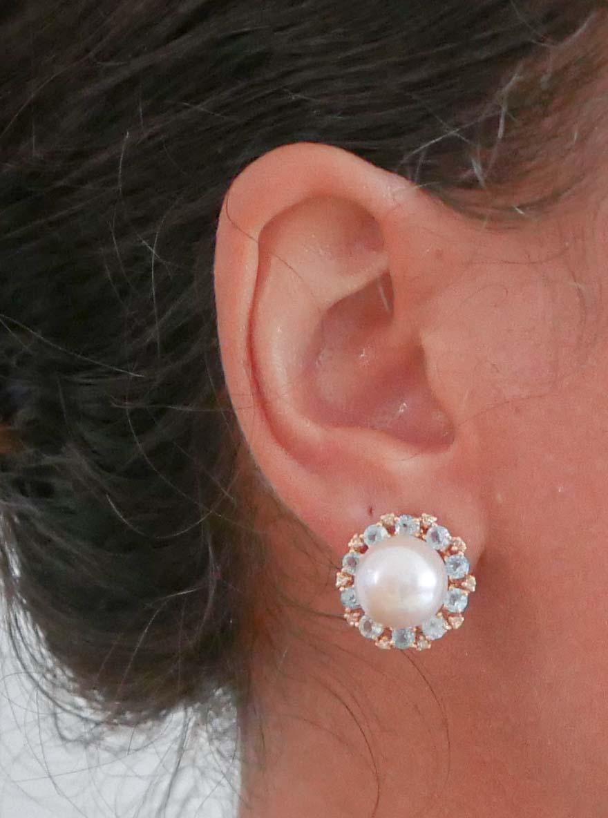 Purple Pearl, Aquamarine, Diamonds, 14 Karat Rose Gold Earrings. In Good Condition In Marcianise, Marcianise (CE)