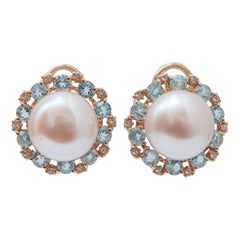 Purple Pearl, Aquamarine, Diamonds, 14 Karat Rose Gold Earrings.