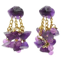Purple Lucite Pebbles Pierced Dangling Chandelier Earrings