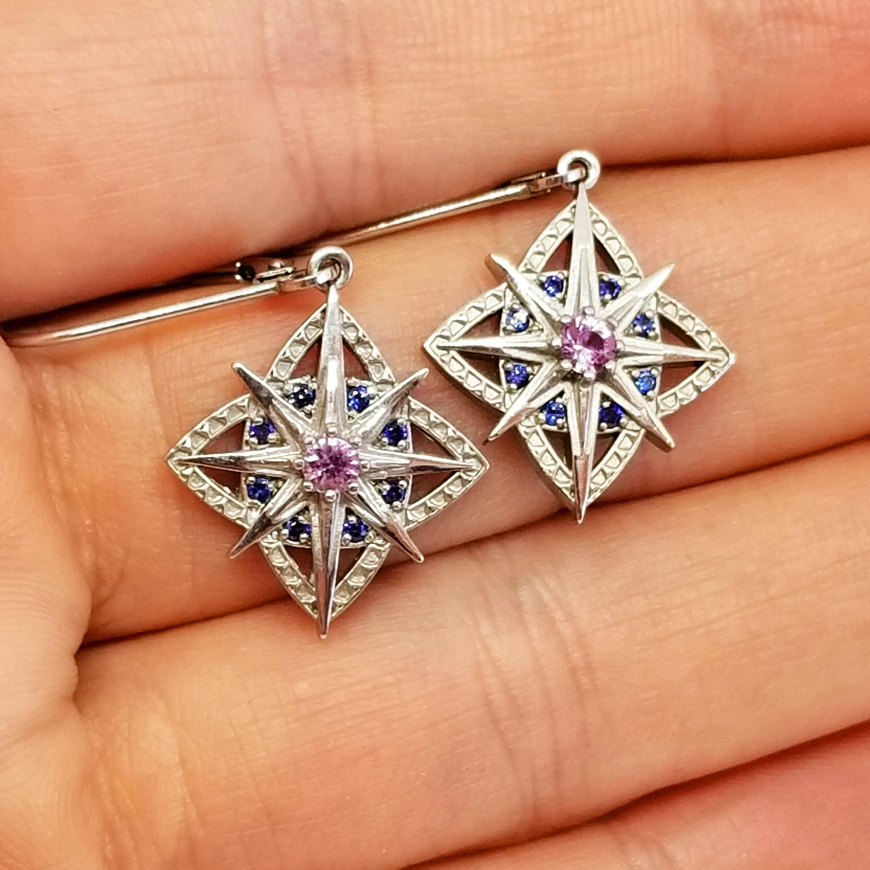 Round Cut Purple Pink and Blue Nautical Star and Clover Drop Earrings Lever Back Drops