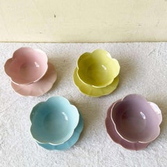 Purple, Pink, Blue and Yellow Lillian Venon Lotus Bowls and Saucers, 8 Pieces