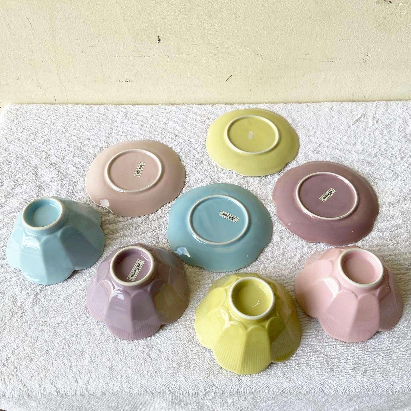 Mid-Century Modern Purple, Pink, Blue and Yellow Lillian Venon Lotus Bowls and Saucers, 8 Pieces For Sale